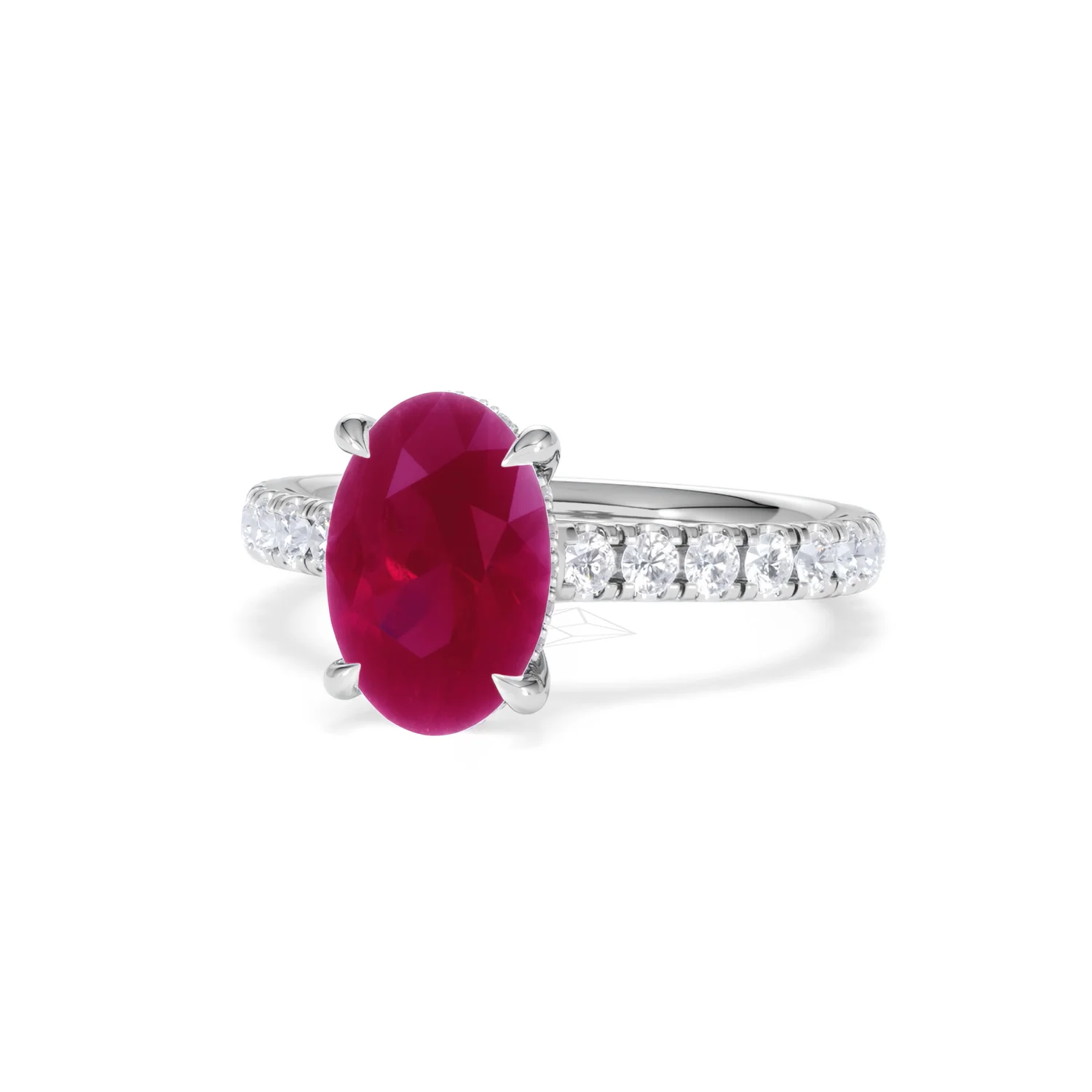 Amora Gem 2.00ct Oval Cut Lab Ruby Hidden Halo Engagement Ring with Side Stones in 18K White Gold - Image 85
