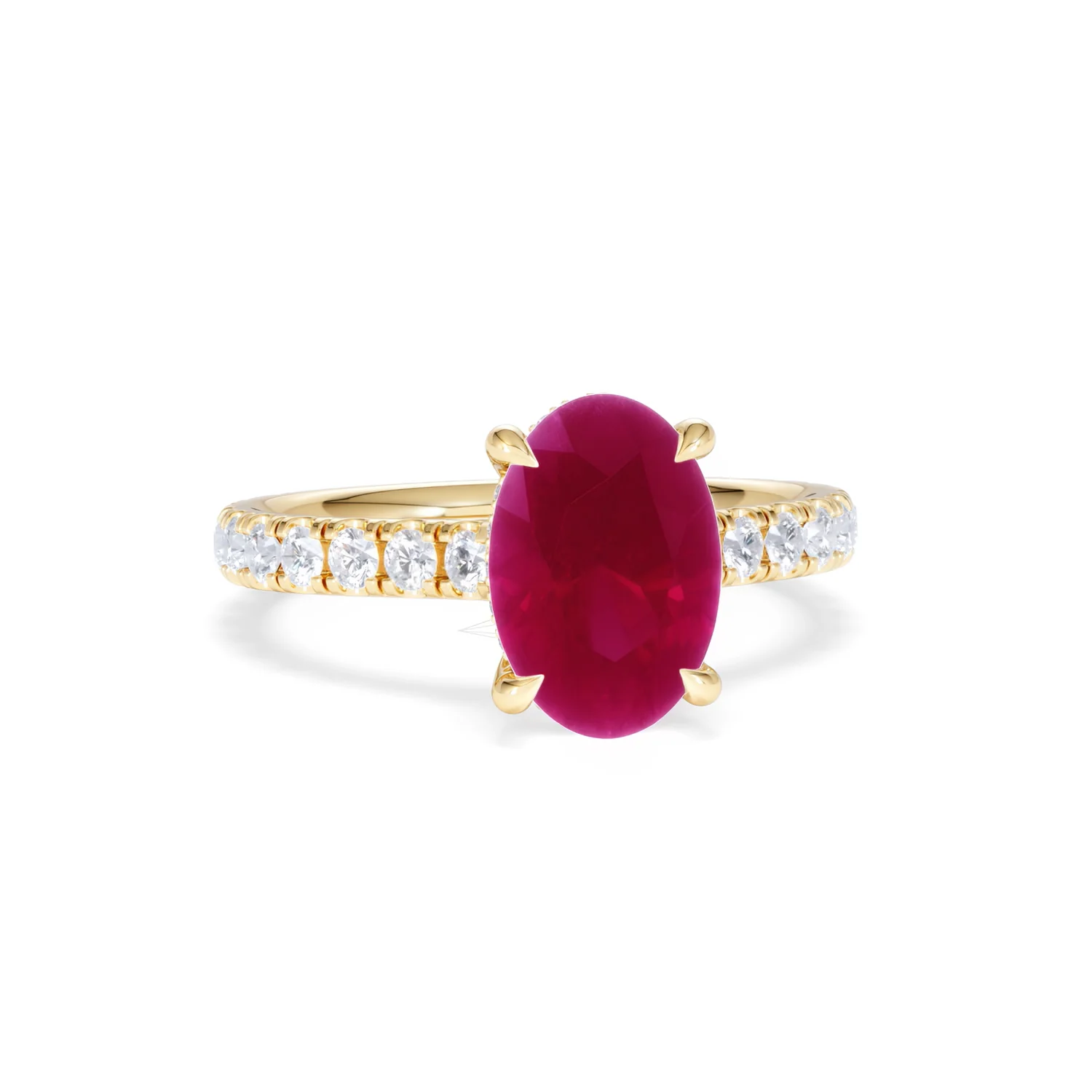 Amora Gem 2.00ct Oval Cut Lab Ruby Hidden Halo Engagement with Side Stones Ring in 18K Yellow Gold - Image 11