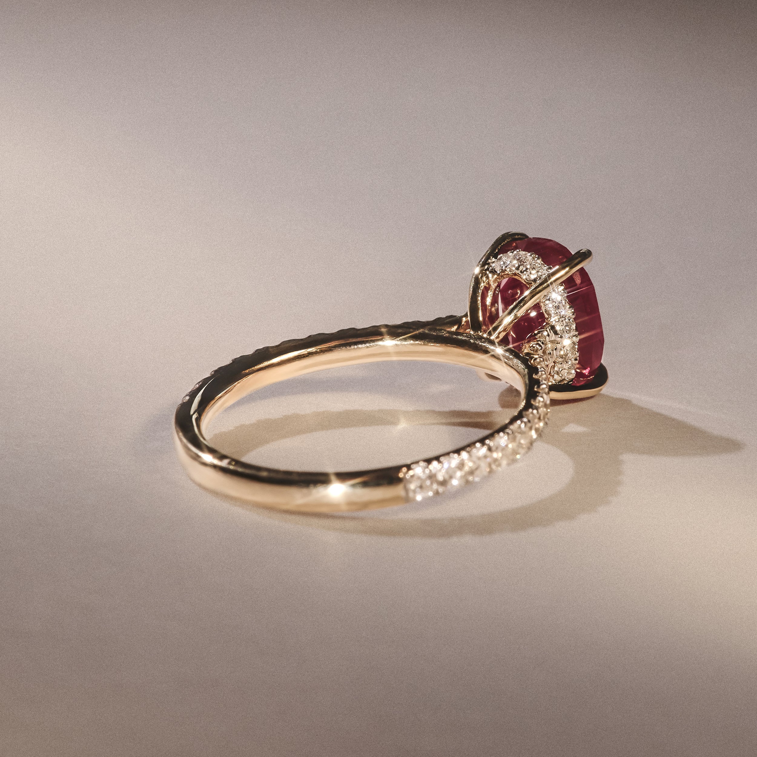Amora Gem 2.00ct Oval Cut Lab Ruby Hidden Halo Engagement with Side Stones Ring in 18K Yellow Gold - Image 8
