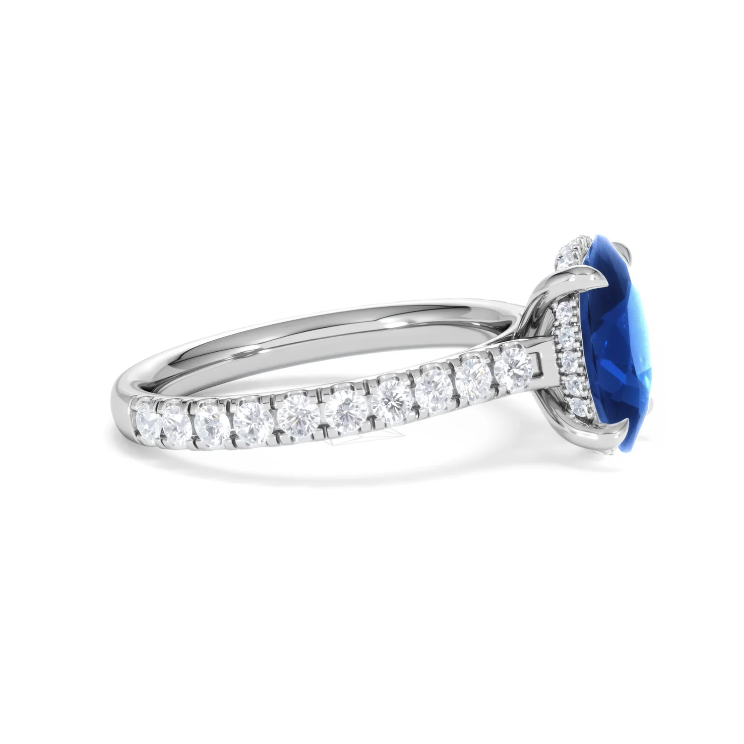 Amora Gem 2.00ct Oval Cut Lab Sapphire Hidden Halo Engagement Ring with Side Stones in 18K White Gold - Image 25
