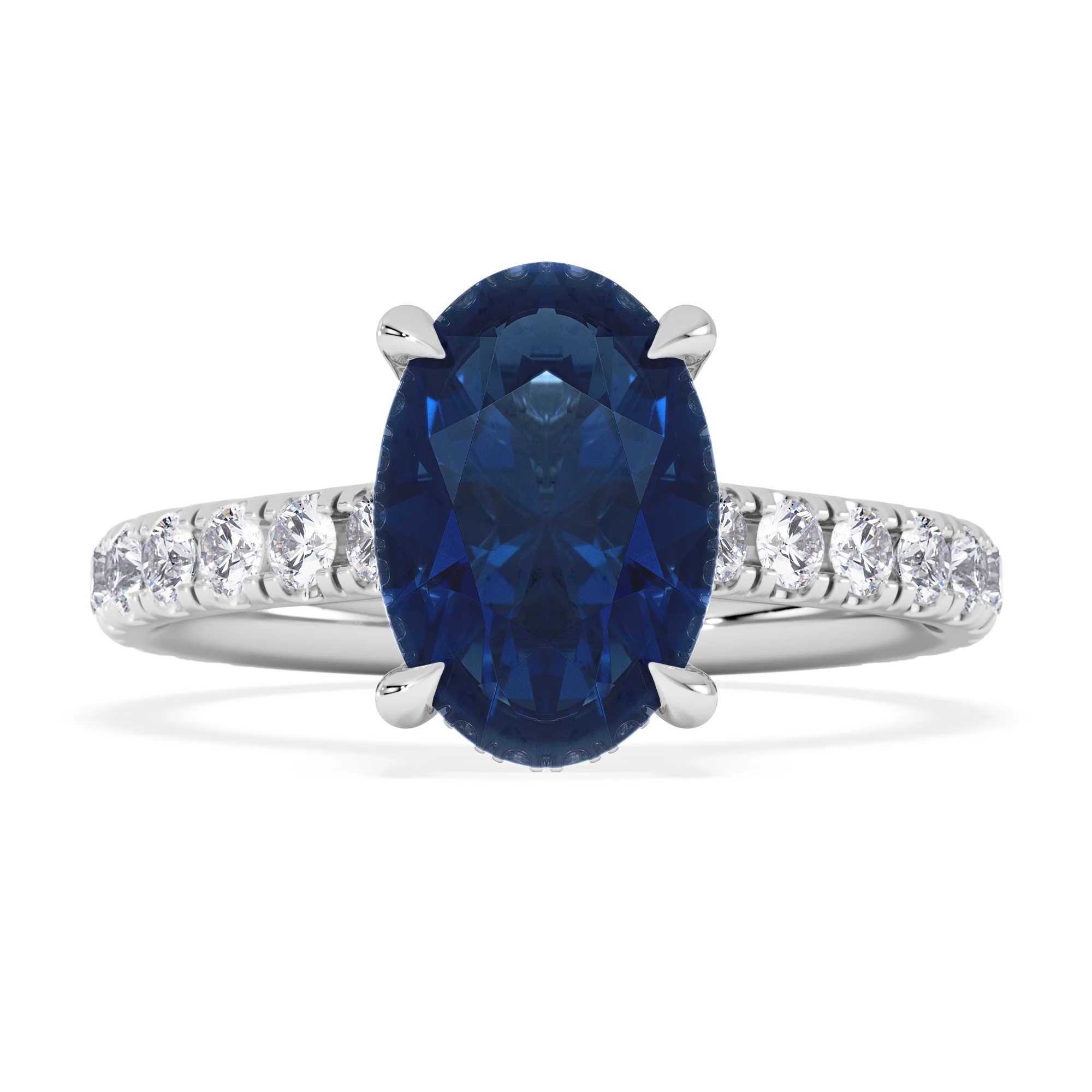Amora Gem 2.00ct Oval Cut Lab Sapphire Hidden Halo Engagement Ring with Side Stones in 18K White Gold - Image 7