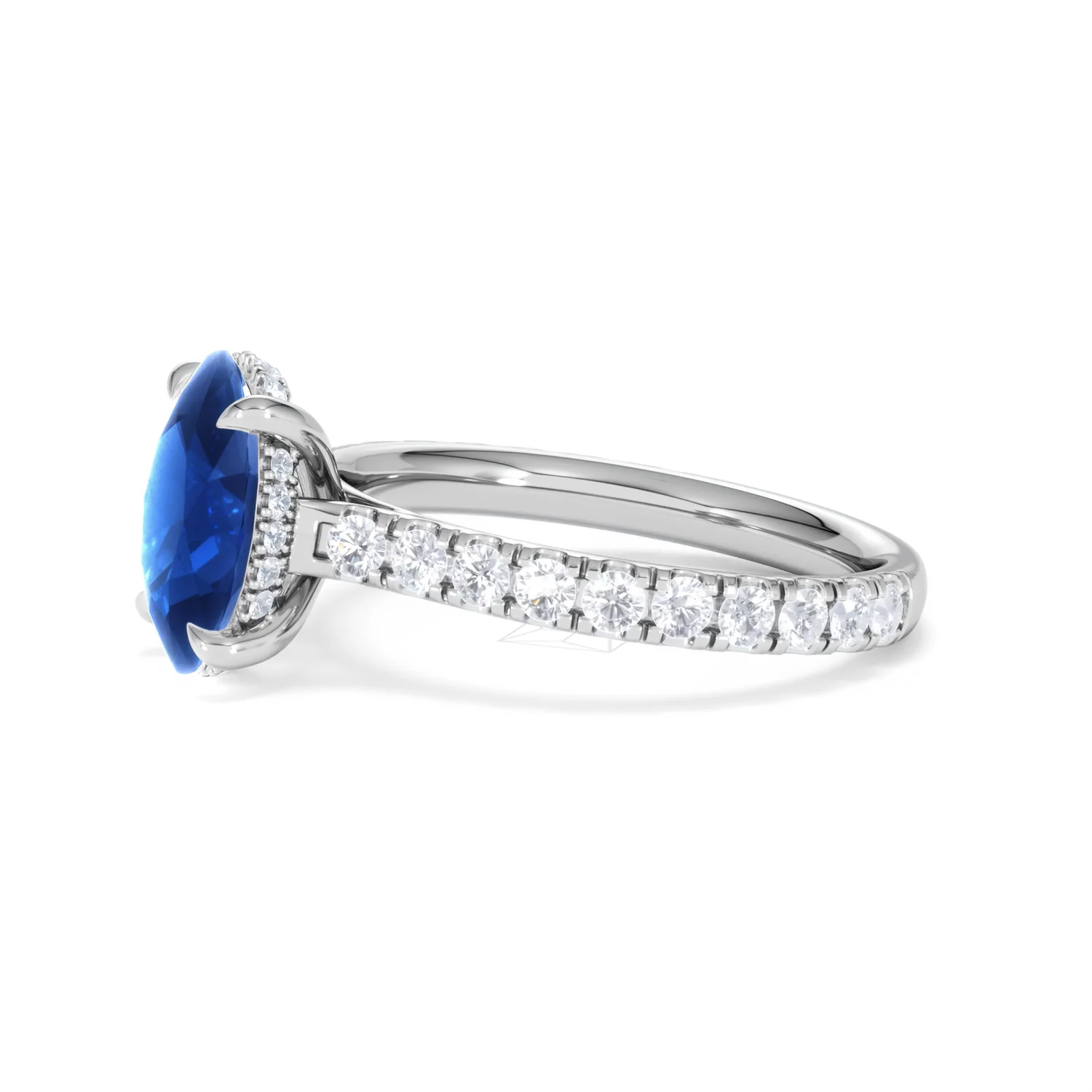 Amora Gem 2.00ct Oval Cut Lab Sapphire Hidden Halo Engagement Ring with Side Stones in 18K White Gold - Image 74