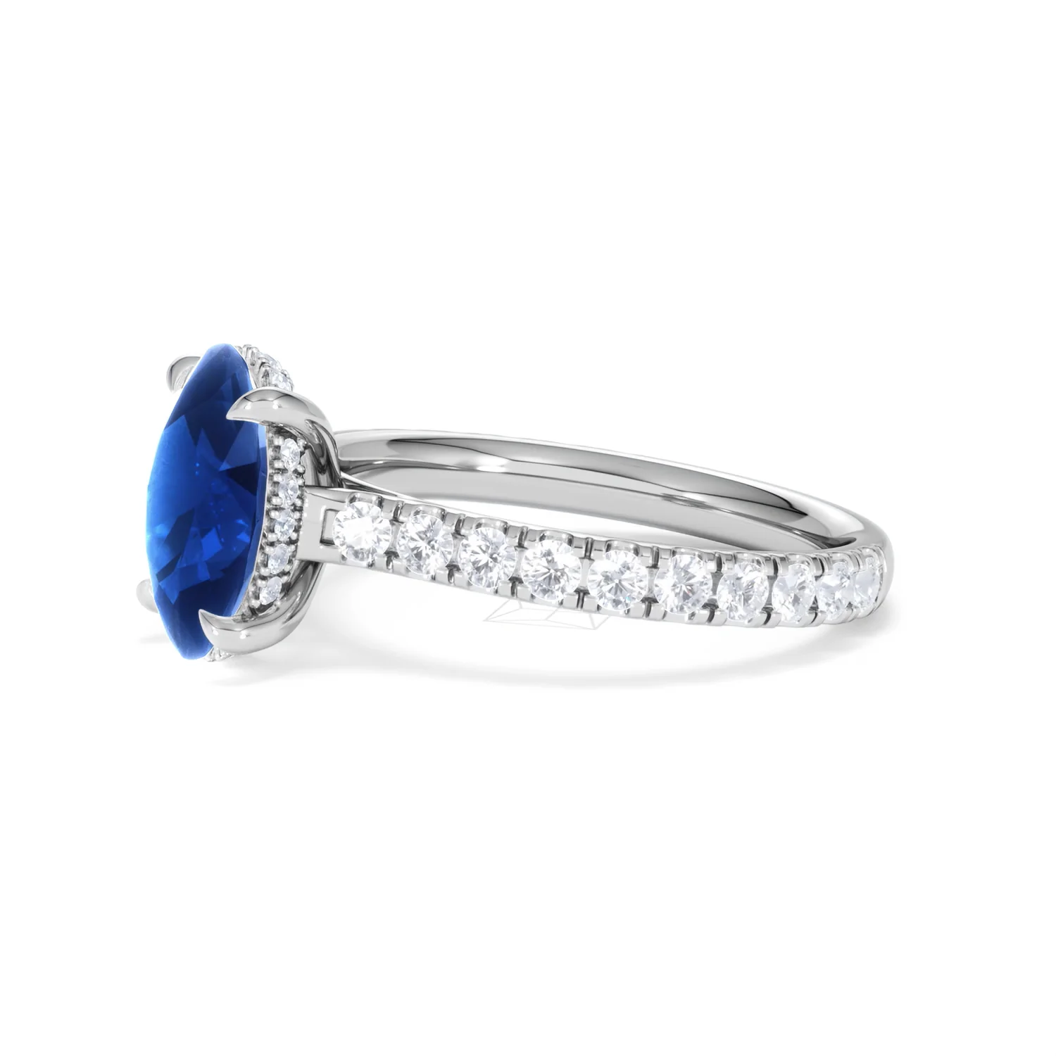 Amora Gem 2.00ct Oval Cut Lab Sapphire Hidden Halo Engagement Ring with Side Stones in 18K White Gold - Image 75