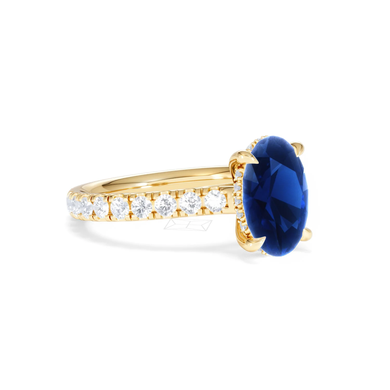 Amora Gem 2.00ct Oval Cut Lab Sapphire Hidden Halo Engagement Ring with Side Stones in 18K Yellow Gold - Image 17