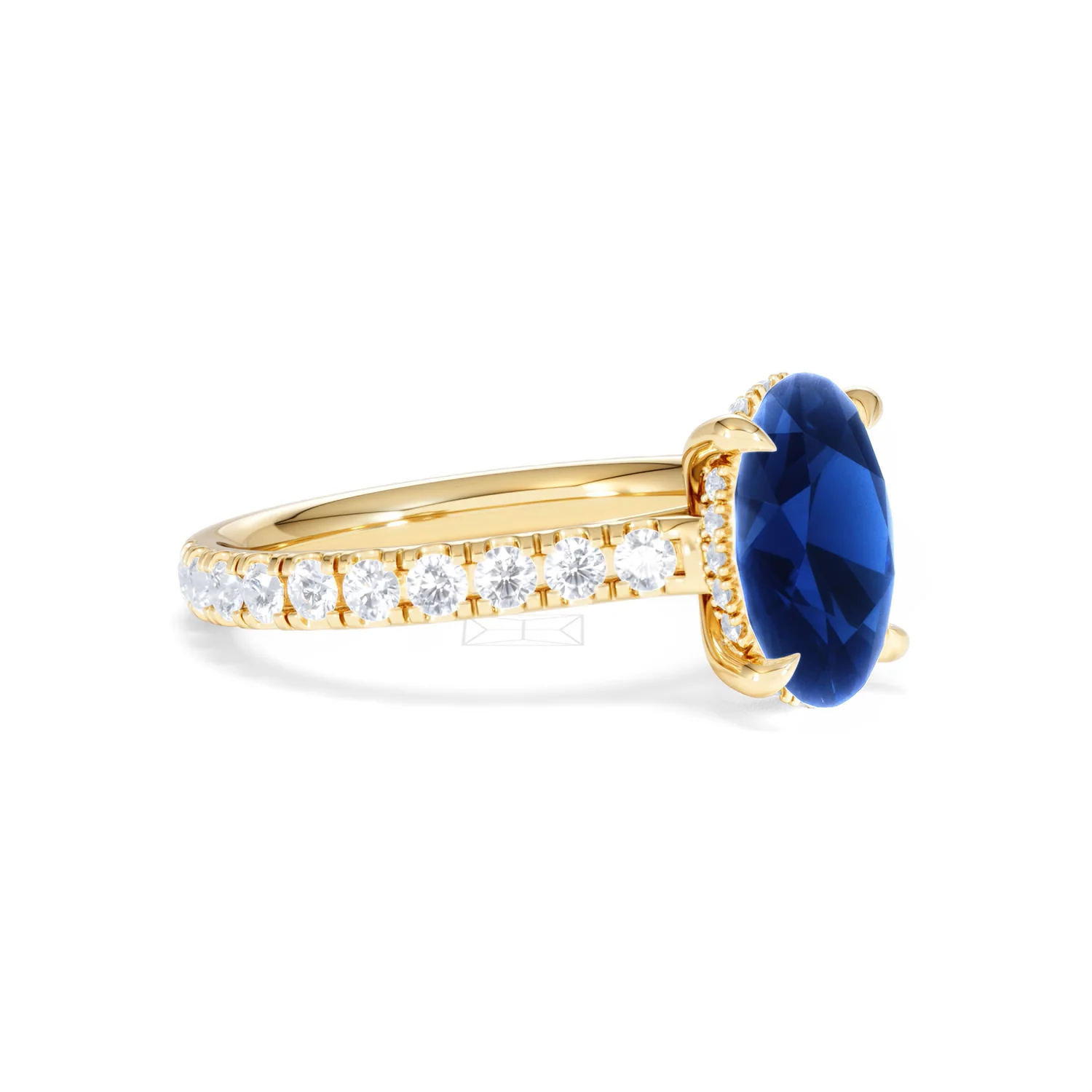 Amora Gem 2.00ct Oval Cut Lab Sapphire Hidden Halo Engagement Ring with Side Stones in 18K Yellow Gold - Image 19