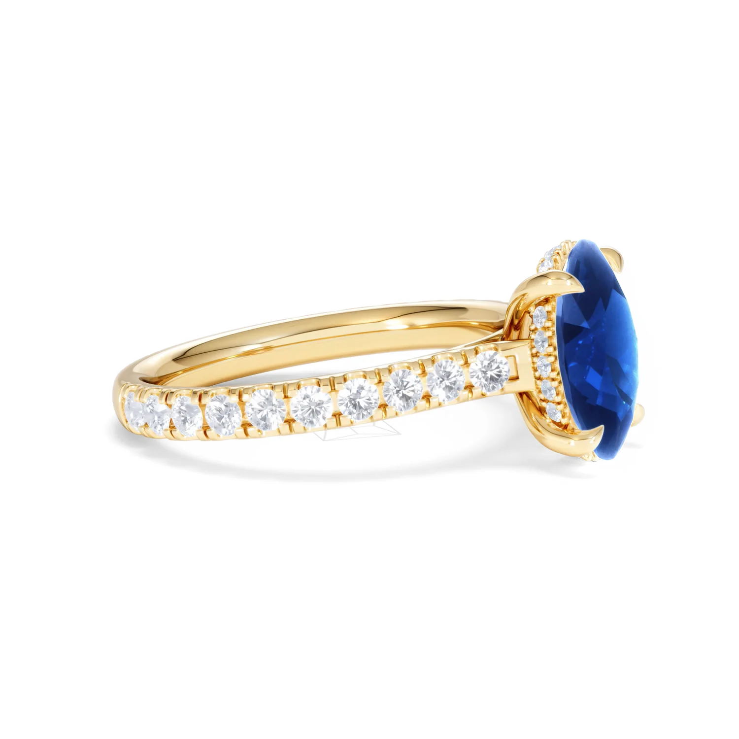 Amora Gem 2.00ct Oval Cut Lab Sapphire Hidden Halo Engagement Ring with Side Stones in 18K Yellow Gold - Image 23