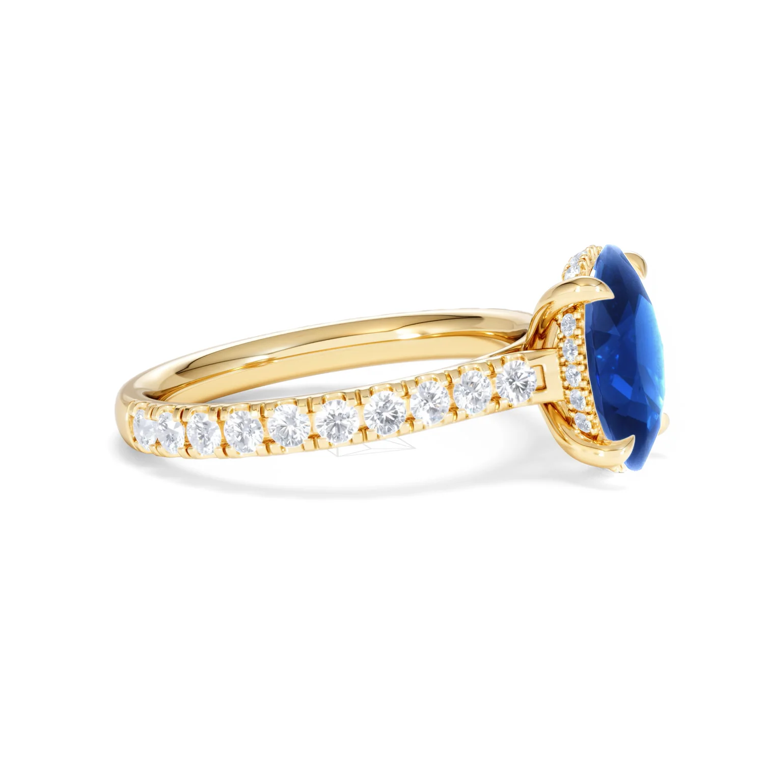 Amora Gem 2.00ct Oval Cut Lab Sapphire Hidden Halo Engagement Ring with Side Stones in 18K Yellow Gold - Image 24
