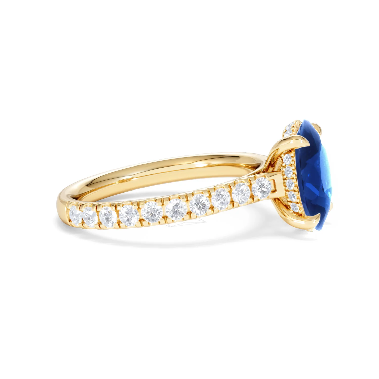 Amora Gem 2.00ct Oval Cut Lab Sapphire Hidden Halo Engagement Ring with Side Stones in 18K Yellow Gold - Image 25