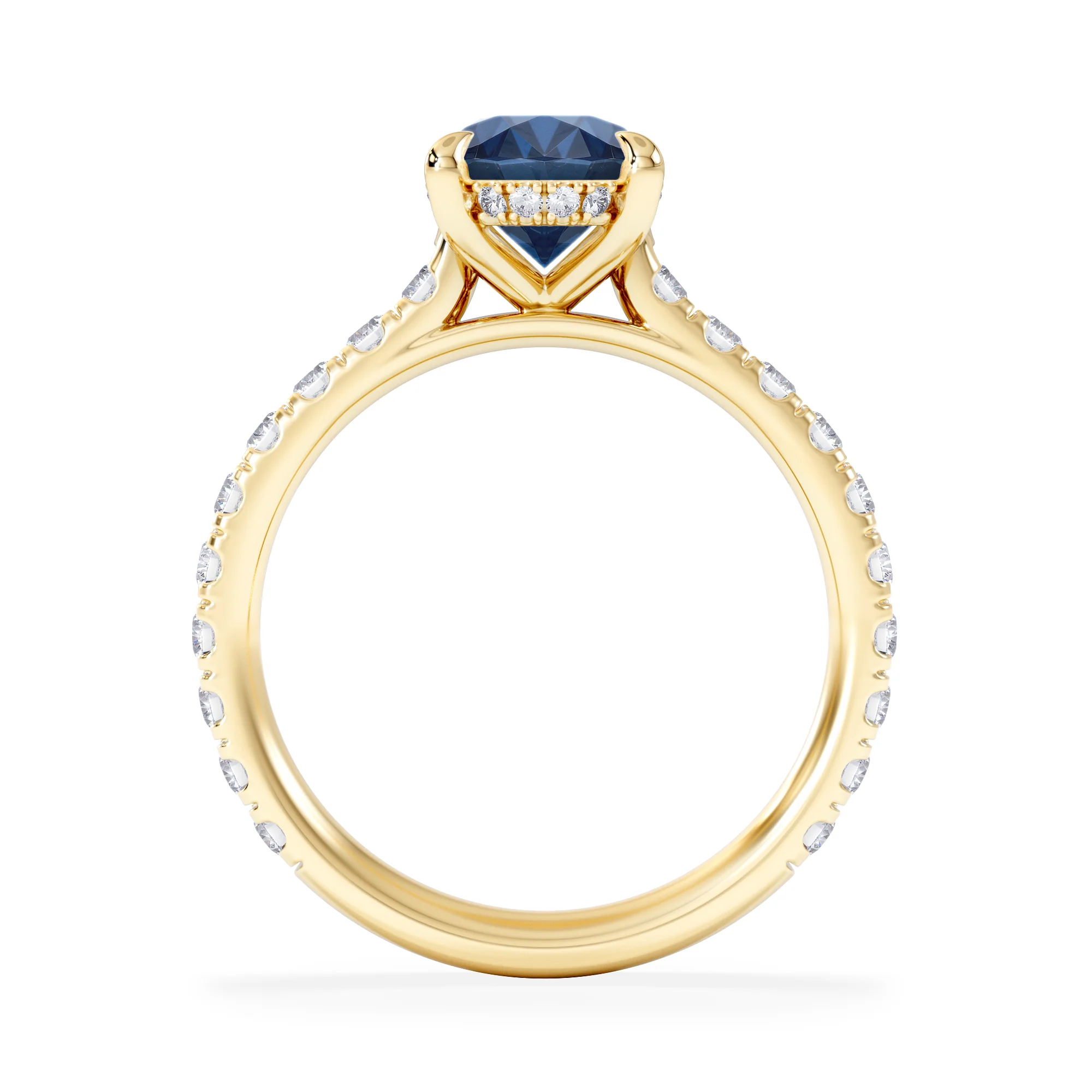 Amora Gem 2.00ct Oval Cut Lab Sapphire Hidden Halo Engagement Ring with Side Stones in 18K Yellow Gold - Image 3