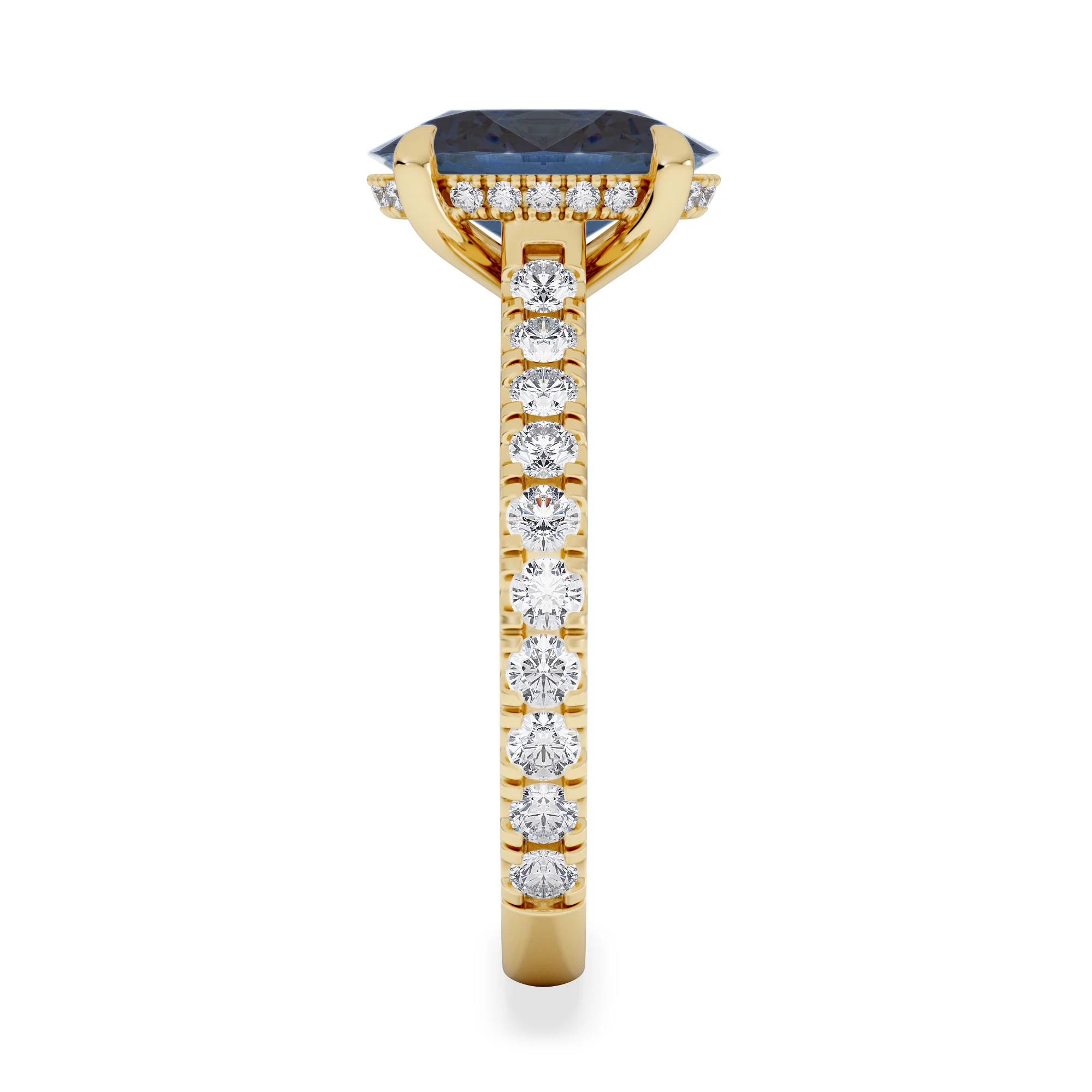Amora Gem 2.00ct Oval Cut Lab Sapphire Hidden Halo Engagement Ring with Side Stones in 18K Yellow Gold - Image 5