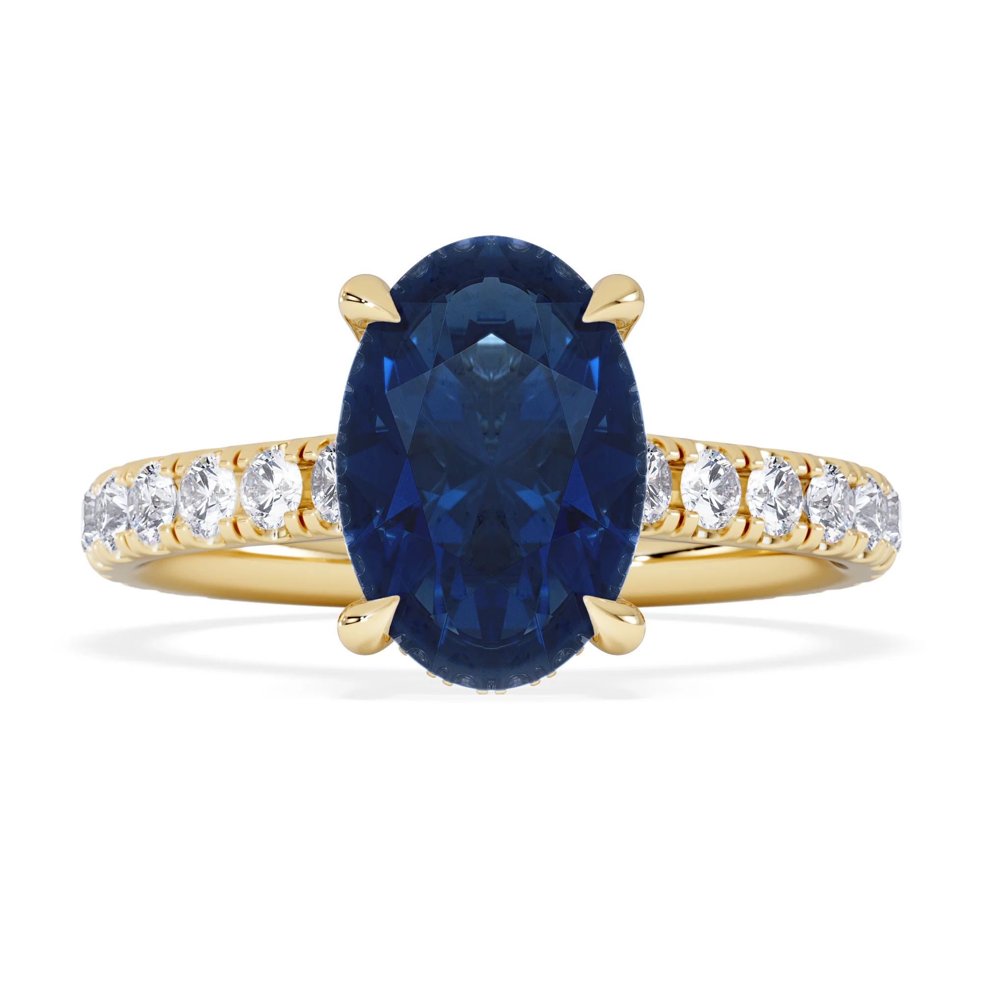 Amora Gem 2.00ct Oval Cut Lab Sapphire Hidden Halo Engagement Ring with Side Stones in 18K Yellow Gold - Image 7