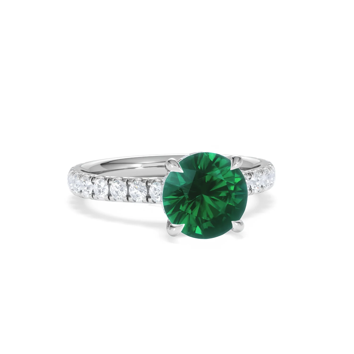 Amora Gem 2.00ct Round Cut Lab Emerald Hidden Halo Engagement Ring with Side Stones in 18K White Gold - Image 11