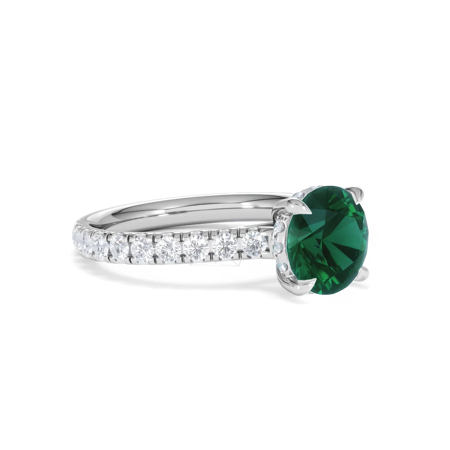Amora Gem 2.00ct Round Cut Lab Emerald Hidden Halo Engagement Ring with Side Stones in 18K White Gold - Image 17