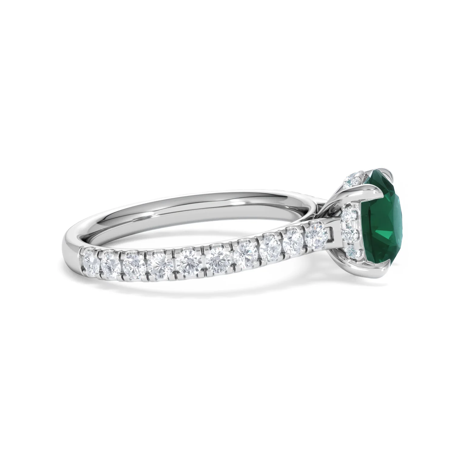 Amora Gem 2.00ct Round Cut Lab Emerald Hidden Halo Engagement Ring with Side Stones in 18K White Gold - Image 25