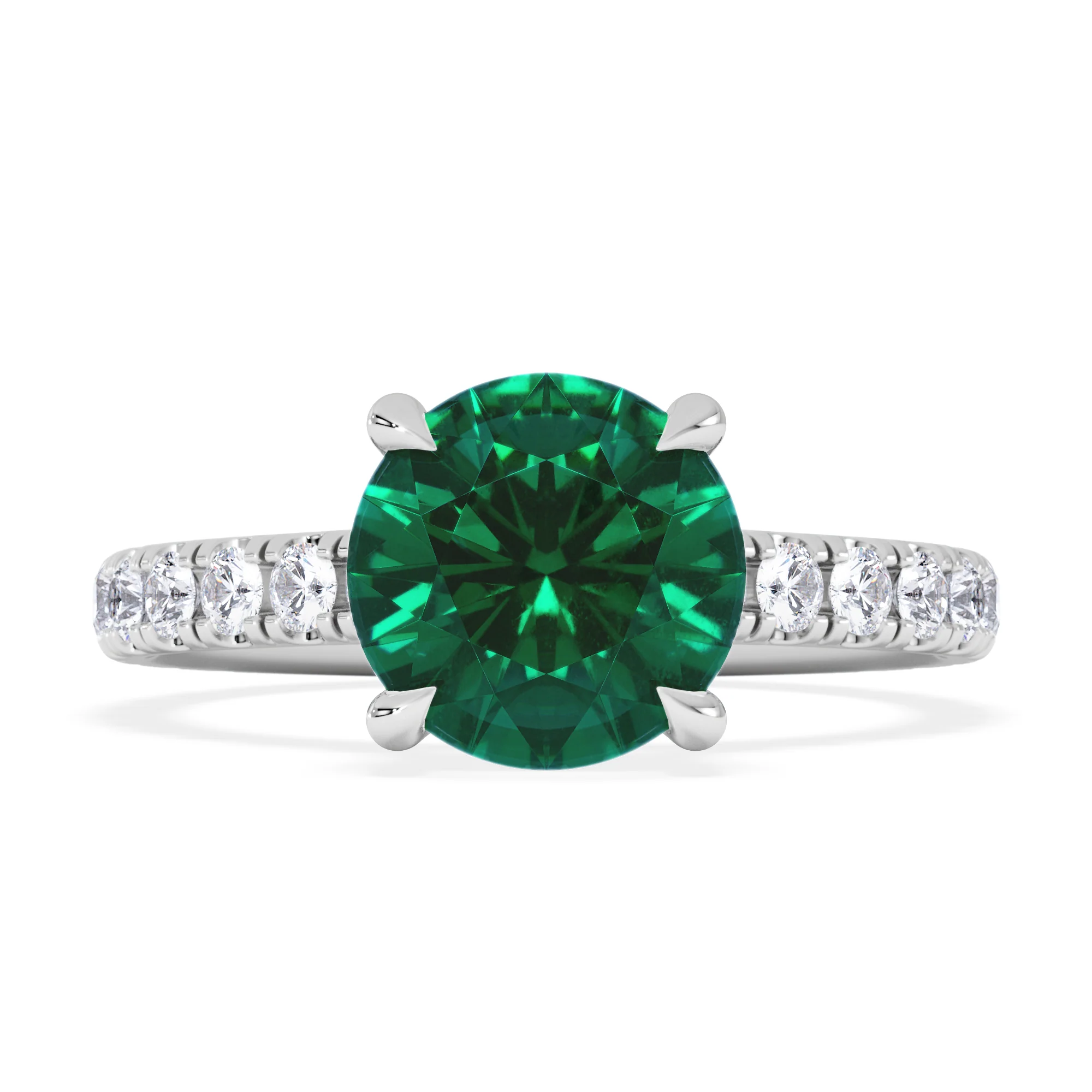 Amora Gem 2.00ct Round Cut Lab Emerald Hidden Halo Engagement Ring with Side Stones in 18K White Gold - Image 7