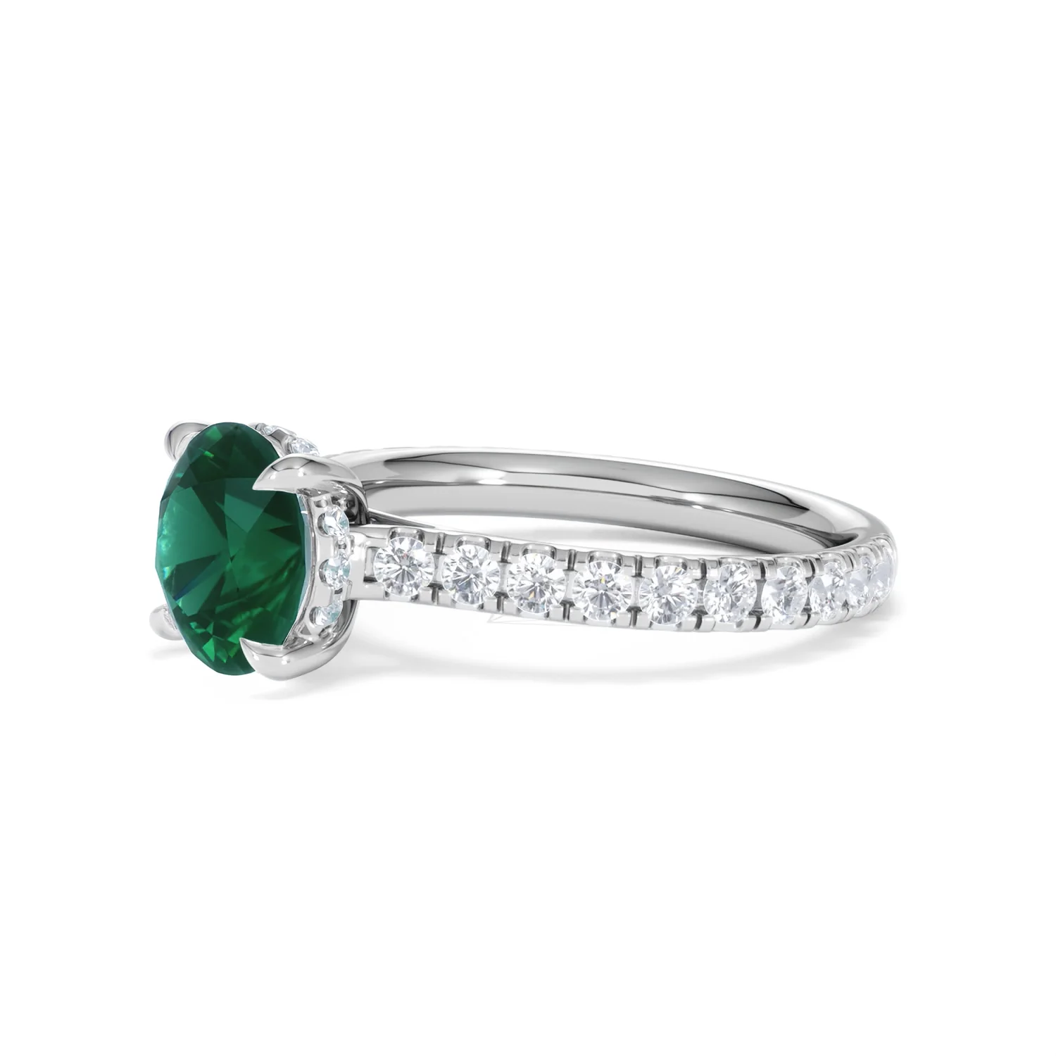 Amora Gem 2.00ct Round Cut Lab Emerald Hidden Halo Engagement Ring with Side Stones in 18K White Gold - Image 76