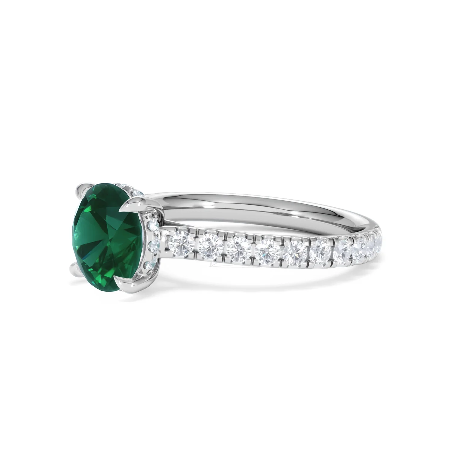 Amora Gem 2.00ct Round Cut Lab Emerald Hidden Halo Engagement Ring with Side Stones in 18K White Gold - Image 77