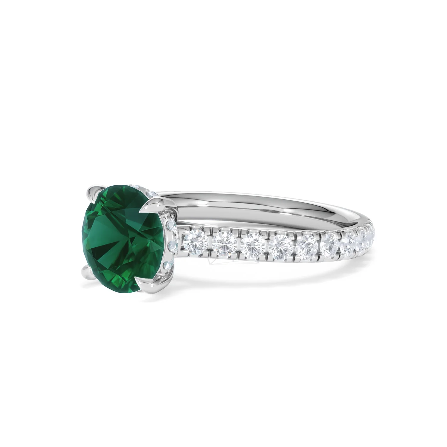 Amora Gem 2.00ct Round Cut Lab Emerald Hidden Halo Engagement Ring with Side Stones in 18K White Gold - Image 79