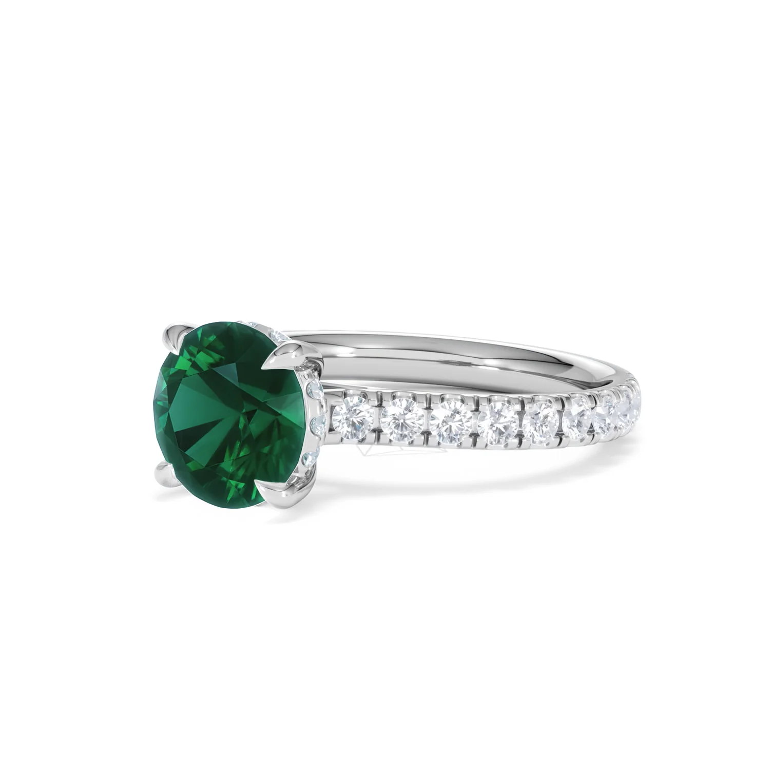 Amora Gem 2.00ct Round Cut Lab Emerald Hidden Halo Engagement Ring with Side Stones in 18K White Gold - Image 80