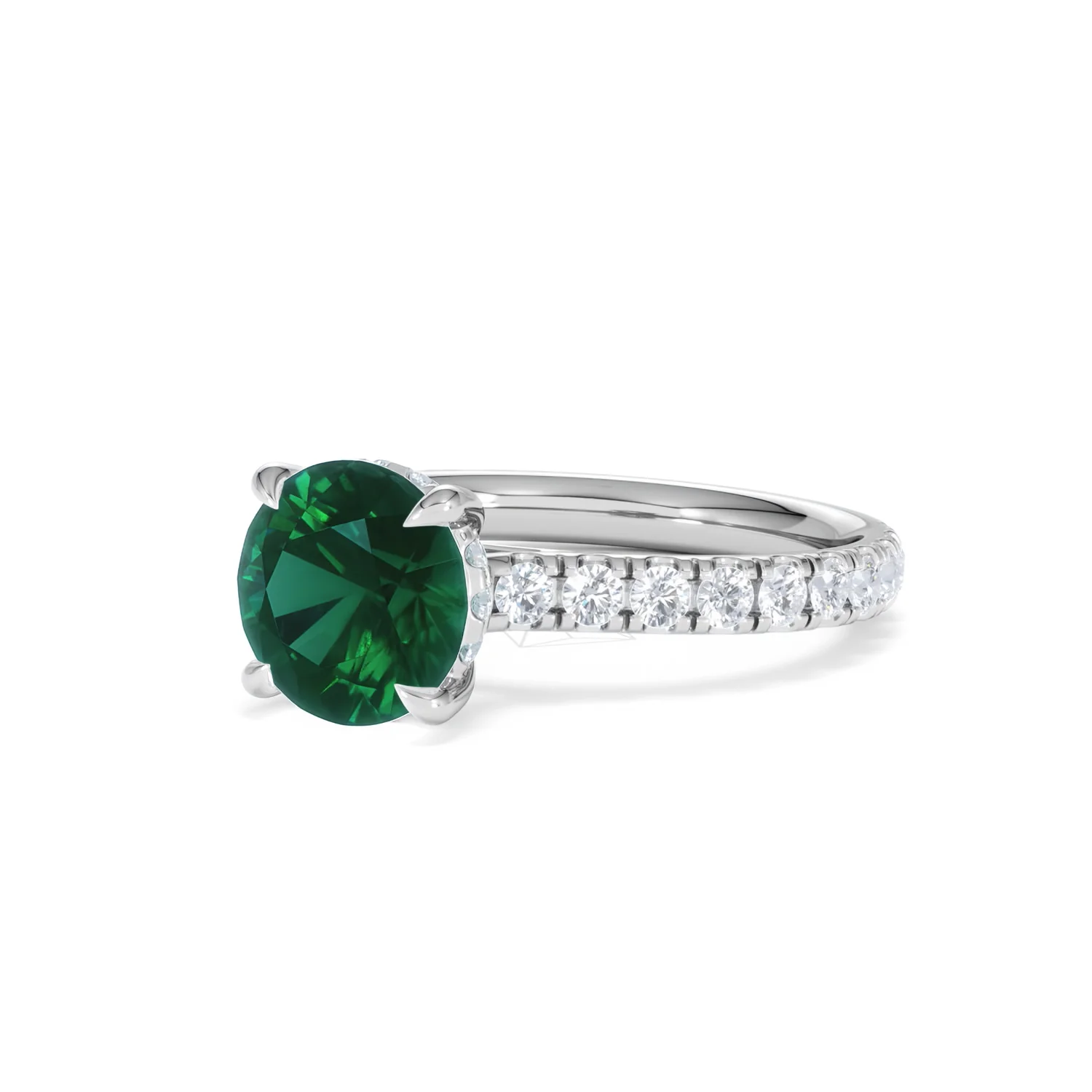 Amora Gem 2.00ct Round Cut Lab Emerald Hidden Halo Engagement Ring with Side Stones in 18K White Gold - Image 81