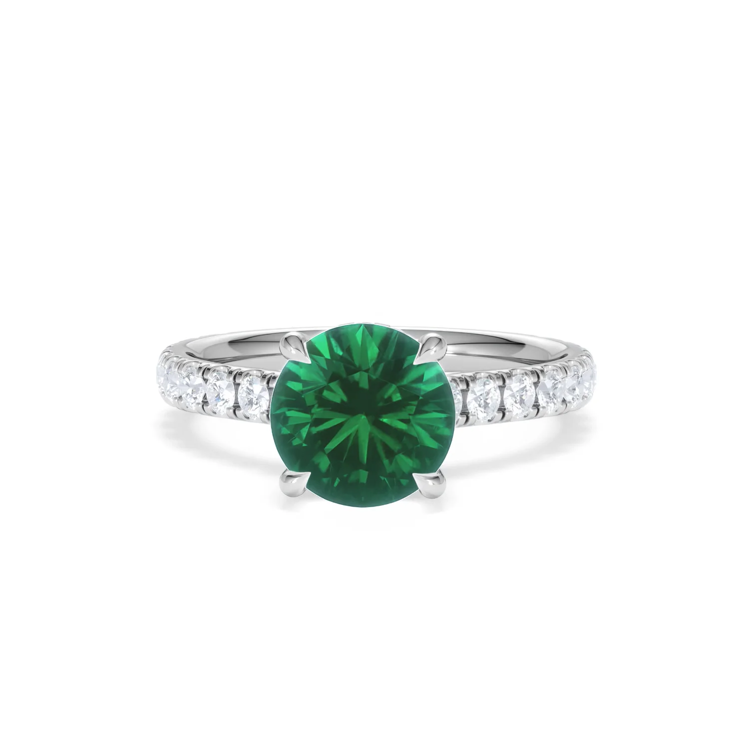 Amora Gem 2.00ct Round Cut Lab Emerald Hidden Halo Engagement Ring with Side Stones in 18K White Gold - Image 87