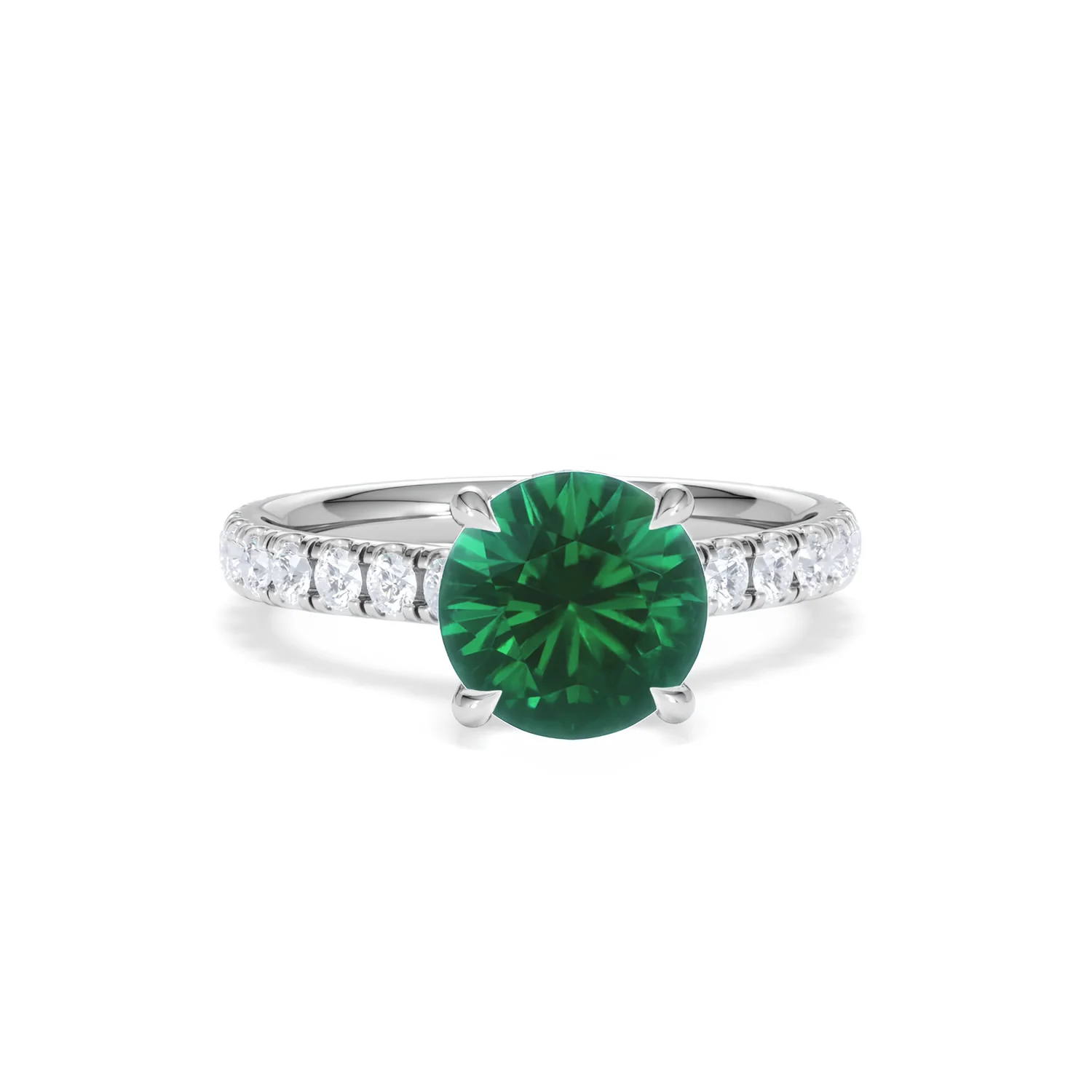 Amora Gem 2.00ct Round Cut Lab Emerald Hidden Halo Engagement Ring with Side Stones in 18K White Gold - Image 9