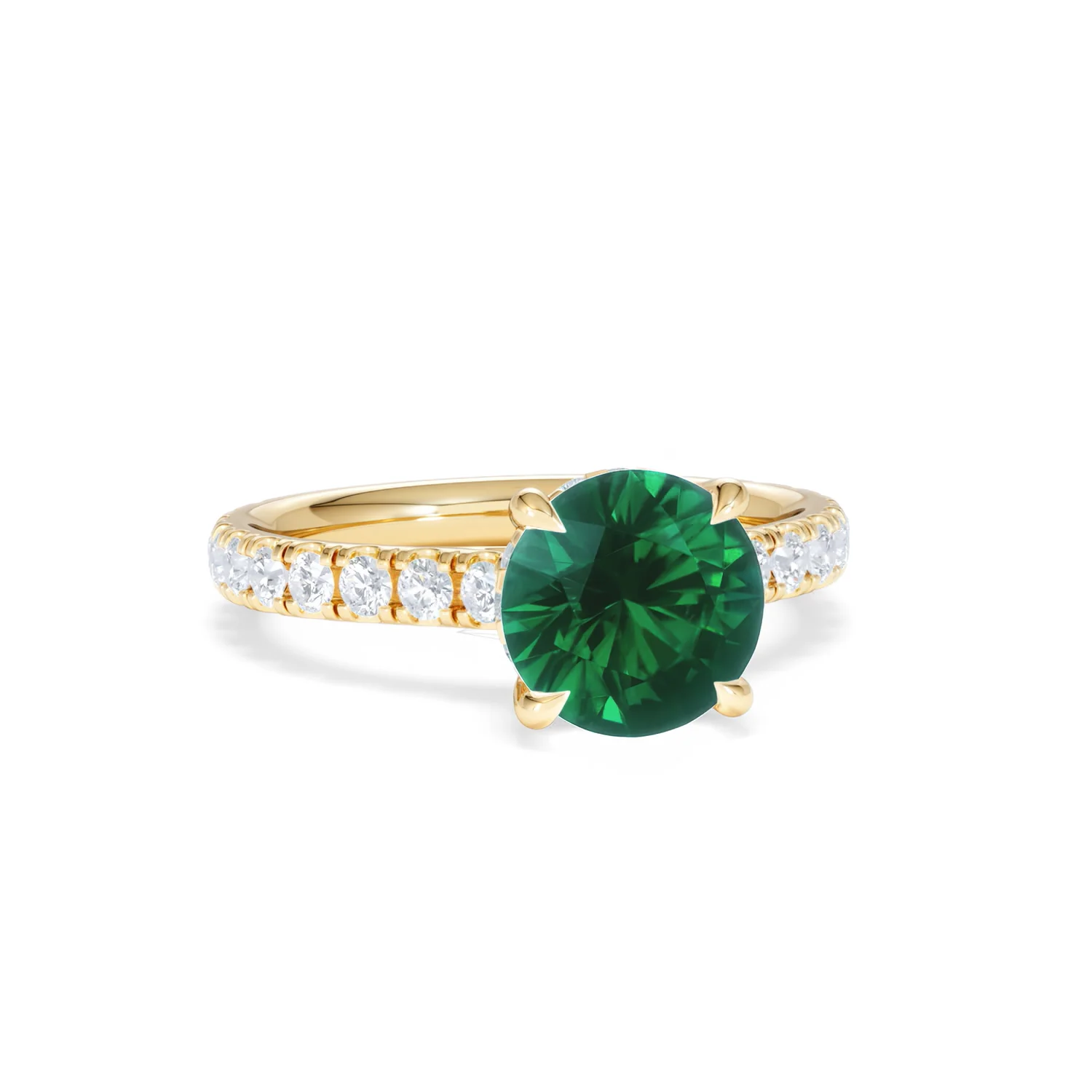 Amora Gem 2.00ct Round Cut Lab Emerald Hidden Halo Engagement Ring with Side Stones in 18K Yellow Gold - Image 11
