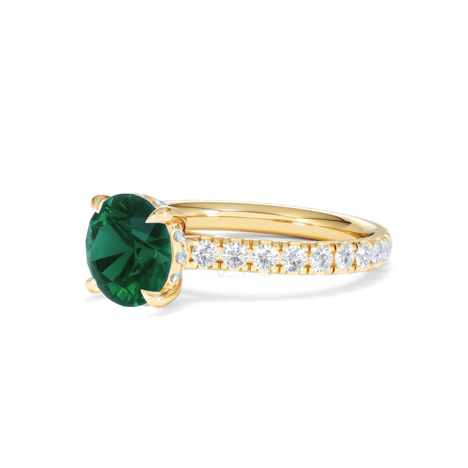 Amora Gem 2.00ct Round Cut Lab Emerald Hidden Halo Engagement Ring with Side Stones in 18K Yellow Gold - Image 79