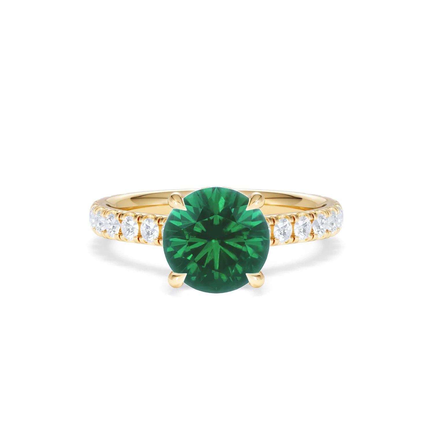 Amora Gem 2.00ct Round Cut Lab Emerald Hidden Halo Engagement Ring with Side Stones in 18K Yellow Gold - Image 8
