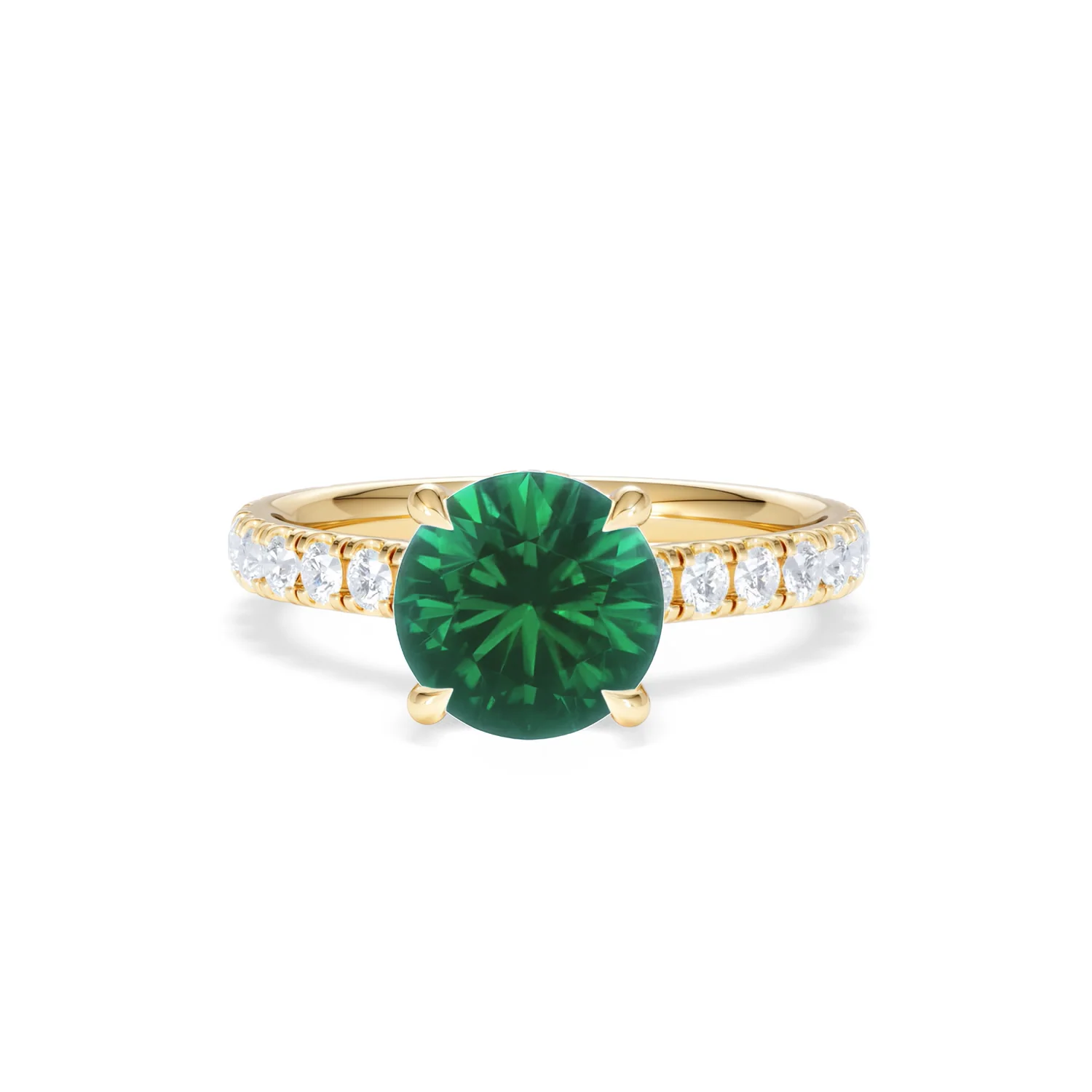Amora Gem 2.00ct Round Cut Lab Emerald Hidden Halo Engagement Ring with Side Stones in 18K Yellow Gold - Image 87