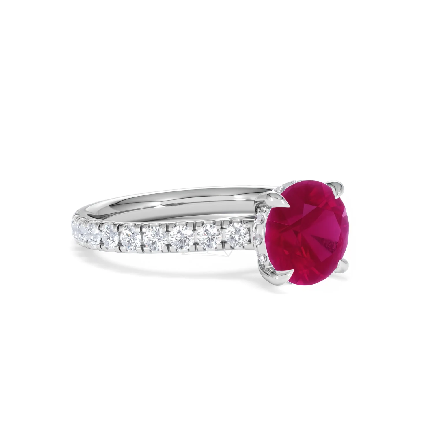 Amora Gem 2.00ct Round Cut Lab Ruby Hidden Halo Engagement Ring with Side Stones in 18K White Gold - Image 17