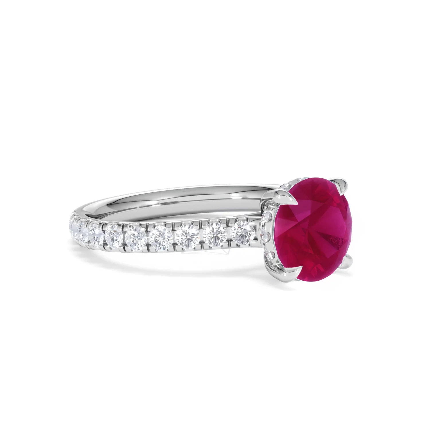 Amora Gem 2.00ct Round Cut Lab Ruby Hidden Halo Engagement Ring with Side Stones in 18K White Gold - Image 18