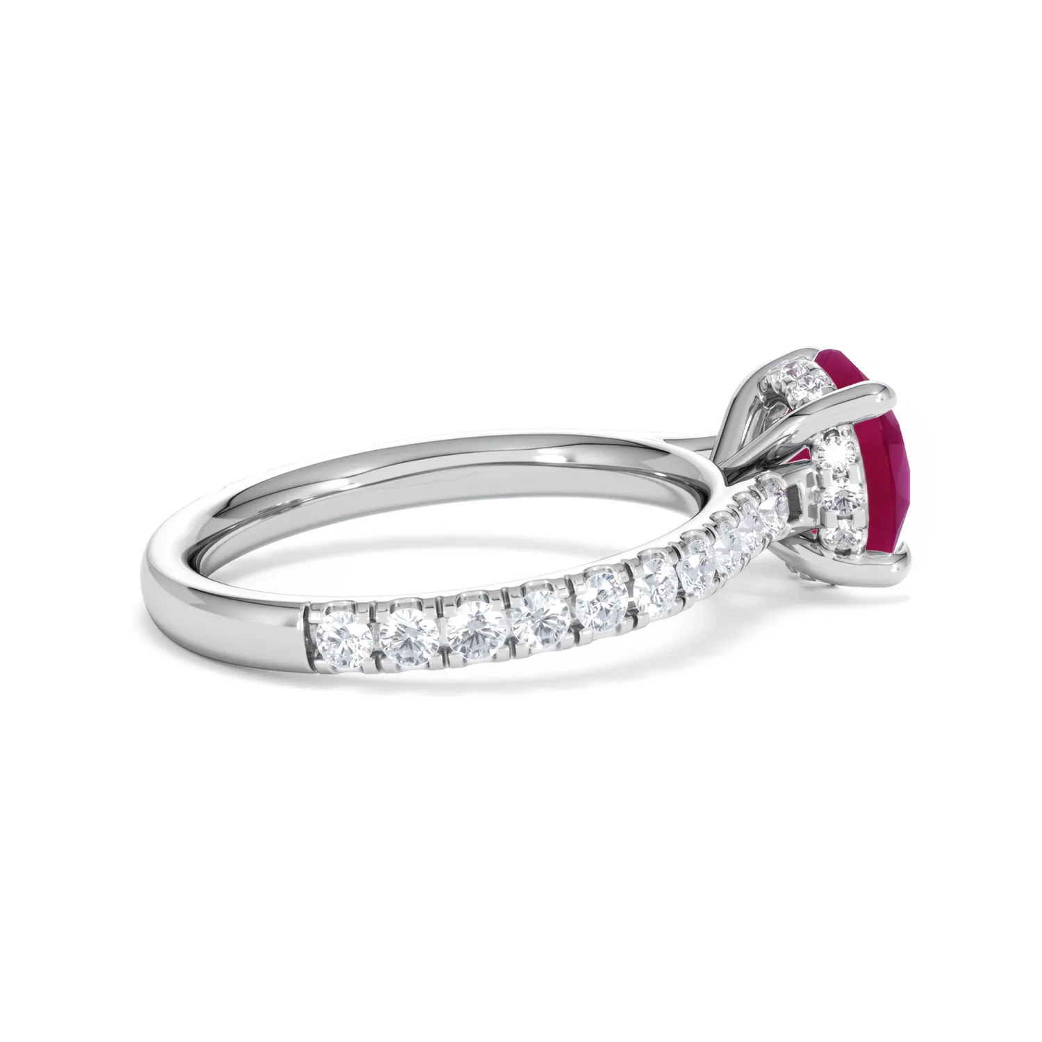 Amora Gem 2.00ct Round Cut Lab Ruby Hidden Halo Engagement Ring with Side Stones in 18K White Gold - Image 33