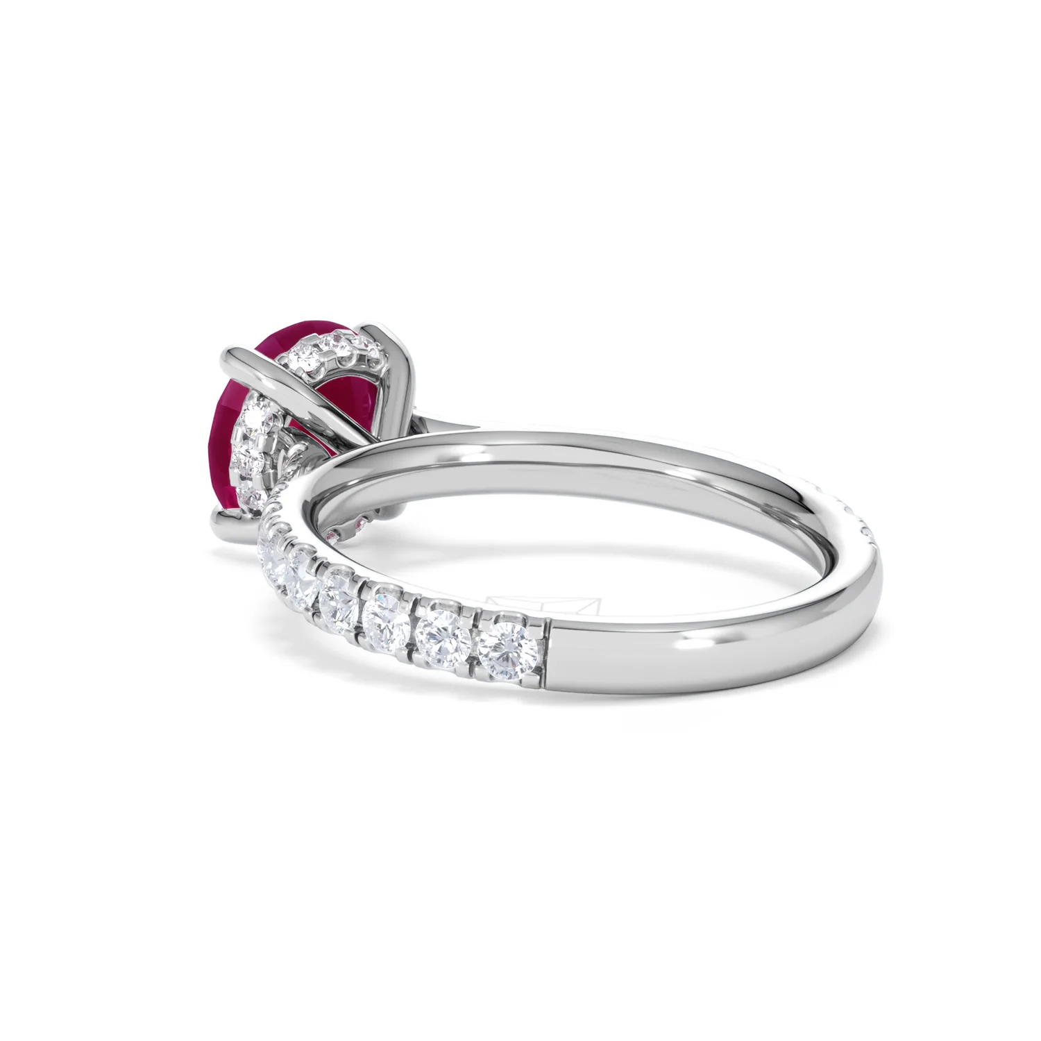 Amora Gem 2.00ct Round Cut Lab Ruby Hidden Halo Engagement Ring with Side Stones in 18K White Gold - Image 58