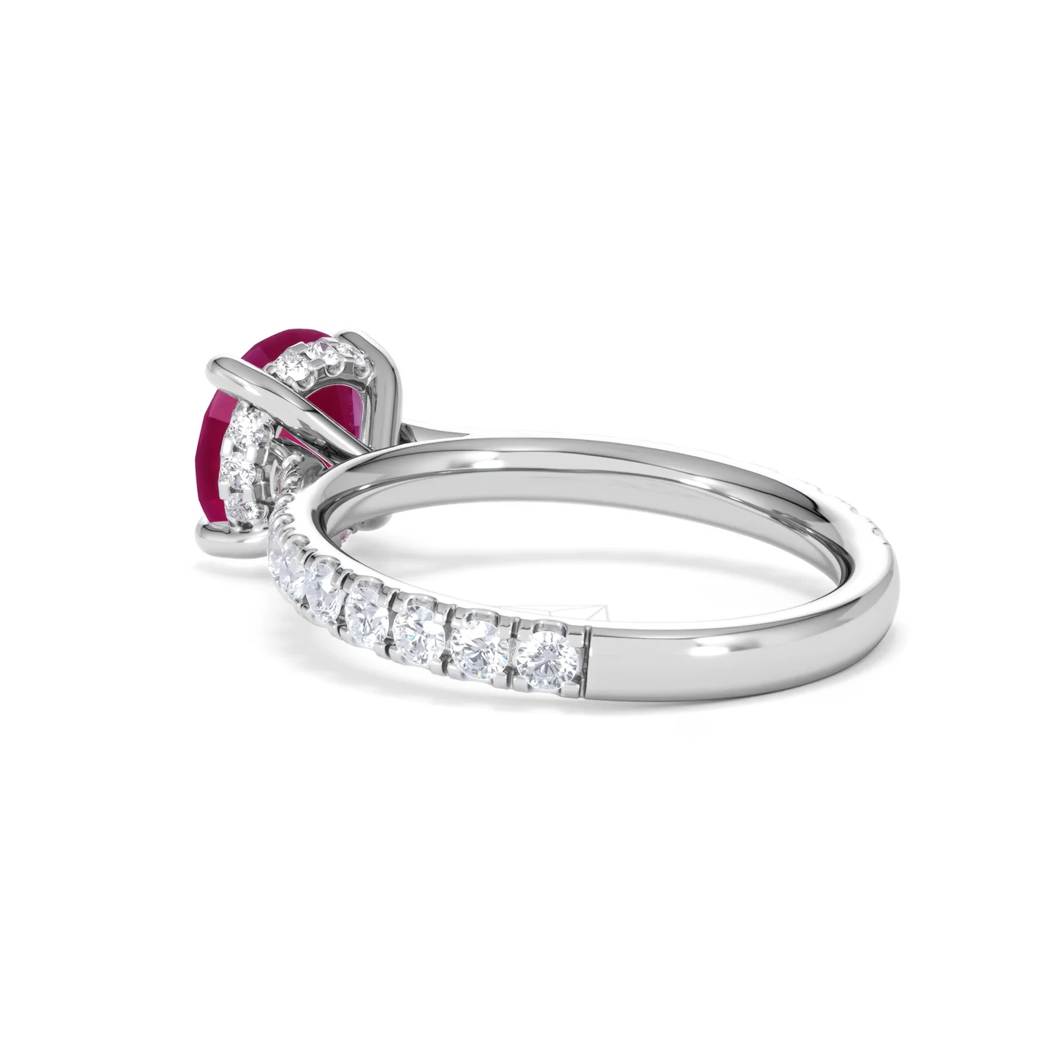 Amora Gem 2.00ct Round Cut Lab Ruby Hidden Halo Engagement Ring with Side Stones in 18K White Gold - Image 59