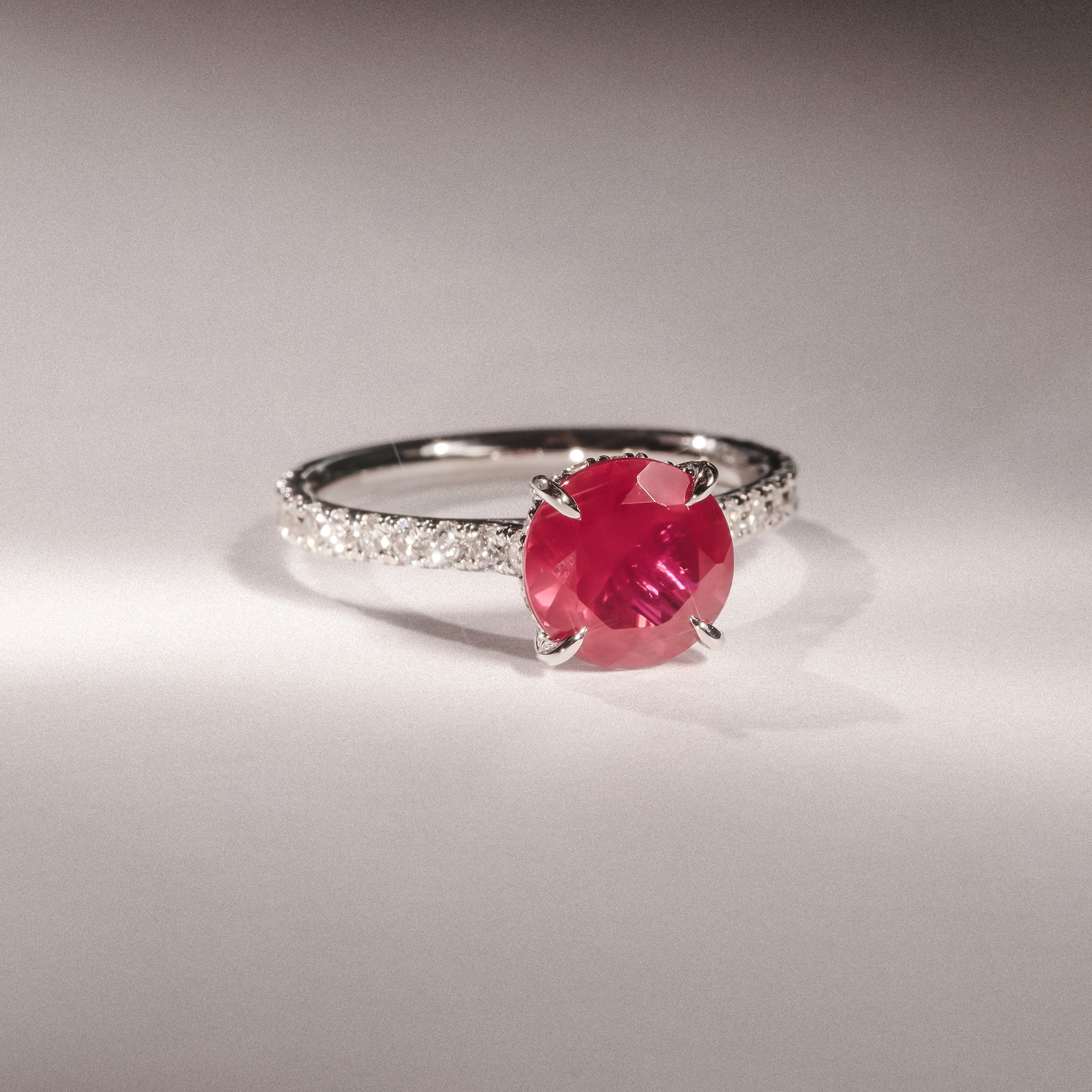 Amora Gem 2.00ct Round Cut Lab Ruby Hidden Halo Engagement Ring with Side Stones in 18K White Gold - Image 6