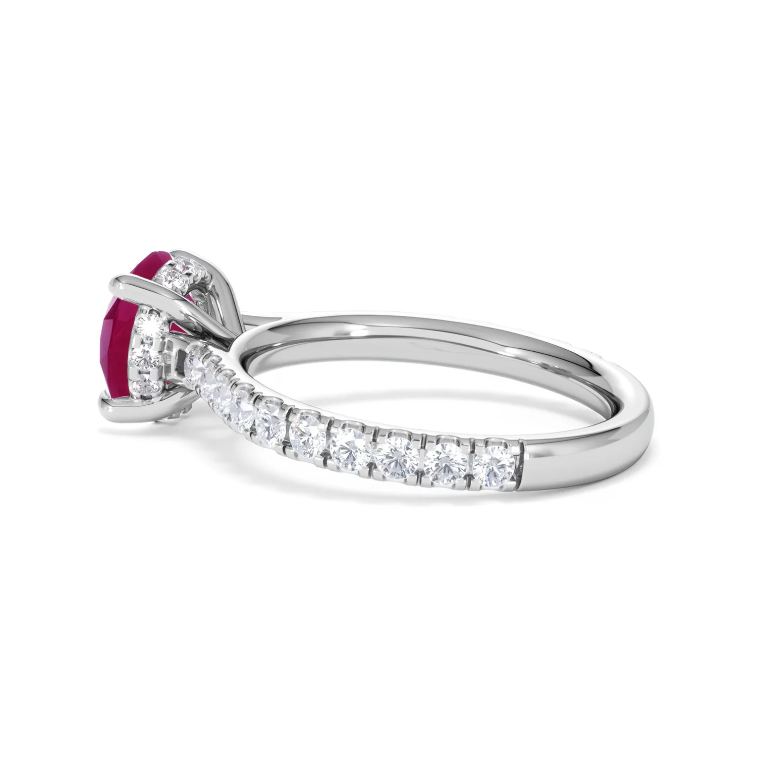 Amora Gem 2.00ct Round Cut Lab Ruby Hidden Halo Engagement Ring with Side Stones in 18K White Gold - Image 64