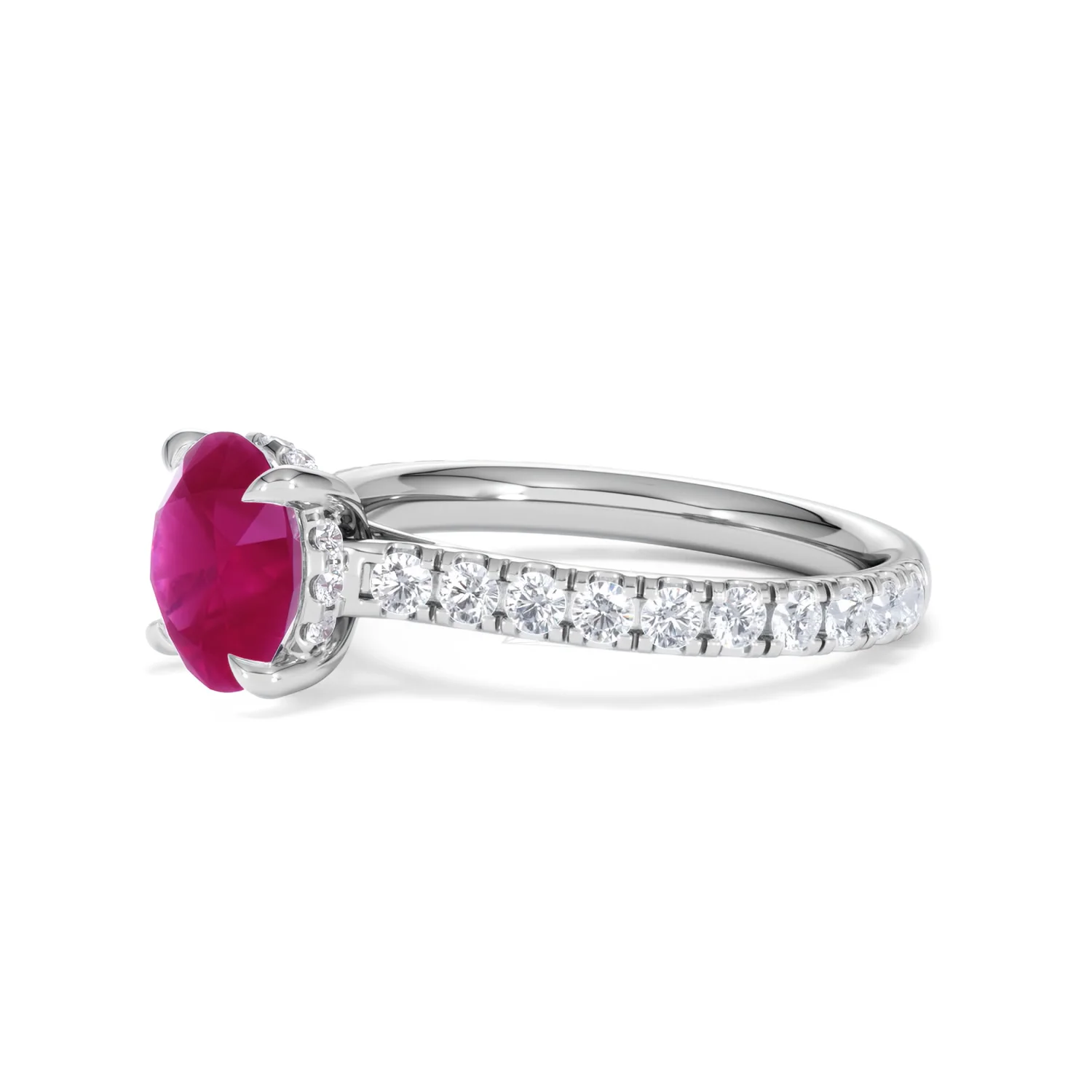 Amora Gem 2.00ct Round Cut Lab Ruby Hidden Halo Engagement Ring with Side Stones in 18K White Gold - Image 76
