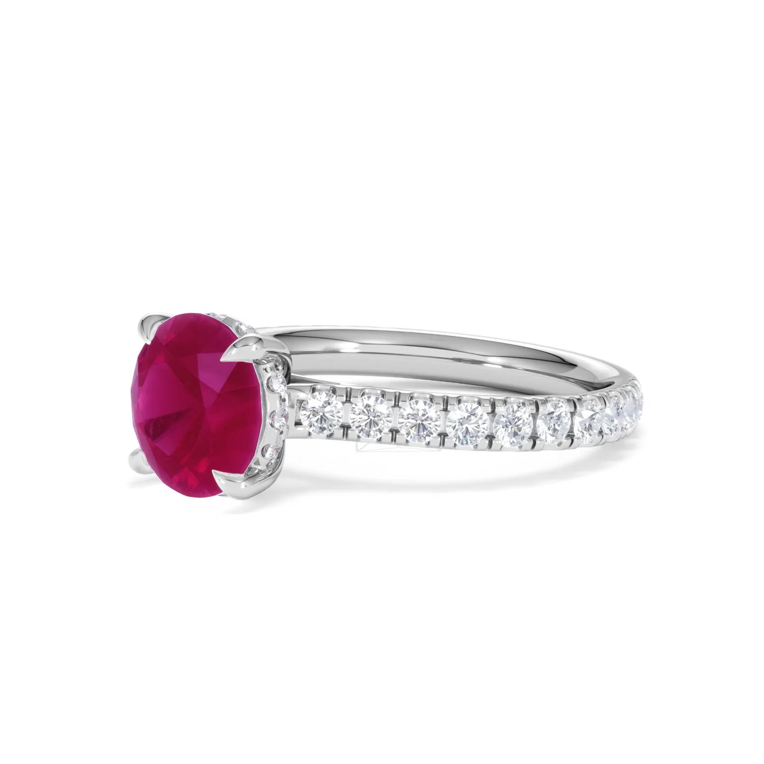 Amora Gem 2.00ct Round Cut Lab Ruby Hidden Halo Engagement Ring with Side Stones in 18K White Gold - Image 79