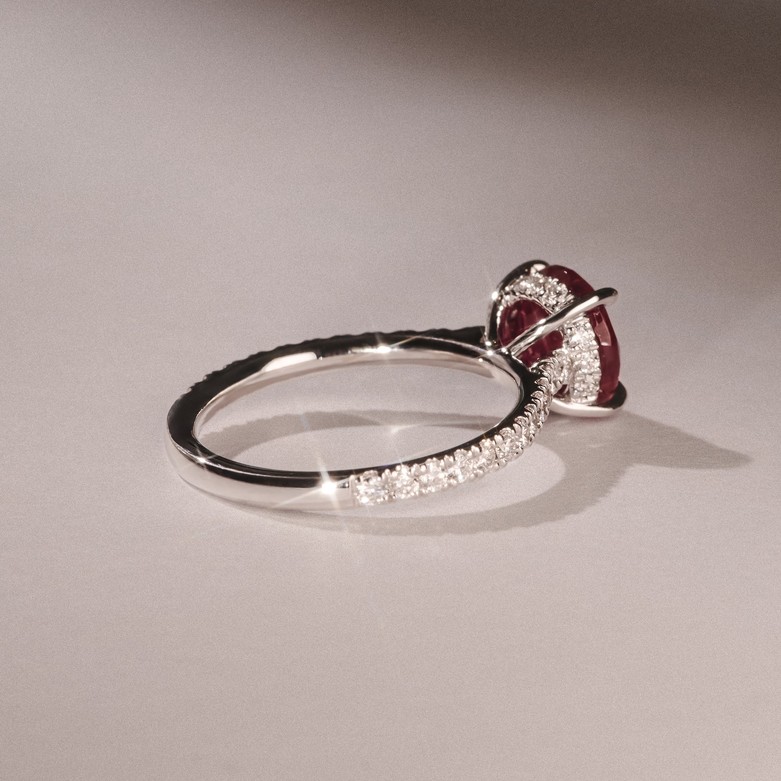 Amora Gem 2.00ct Round Cut Lab Ruby Hidden Halo Engagement Ring with Side Stones in 18K White Gold - Image 8