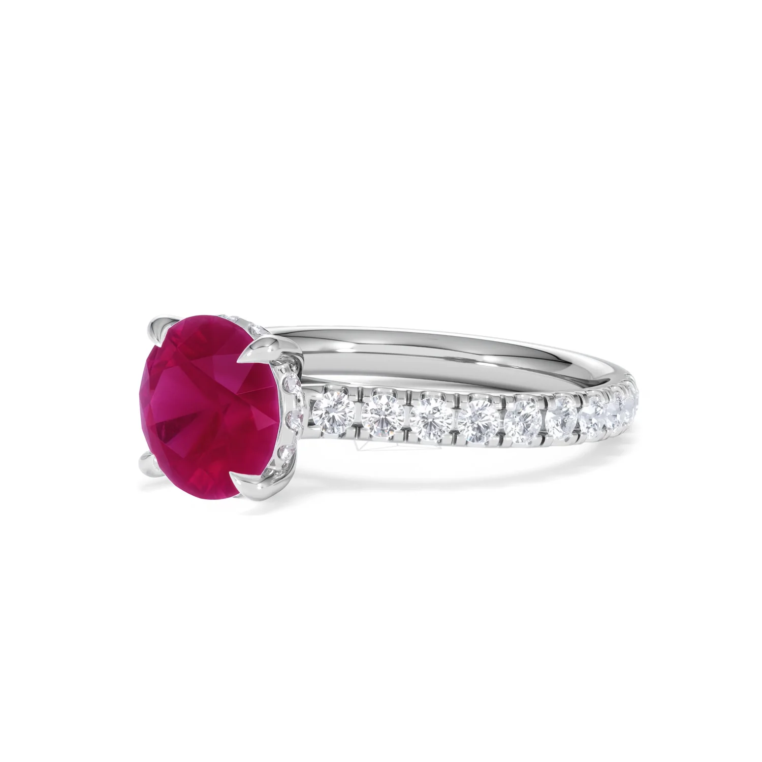 Amora Gem 2.00ct Round Cut Lab Ruby Hidden Halo Engagement Ring with Side Stones in 18K White Gold - Image 80