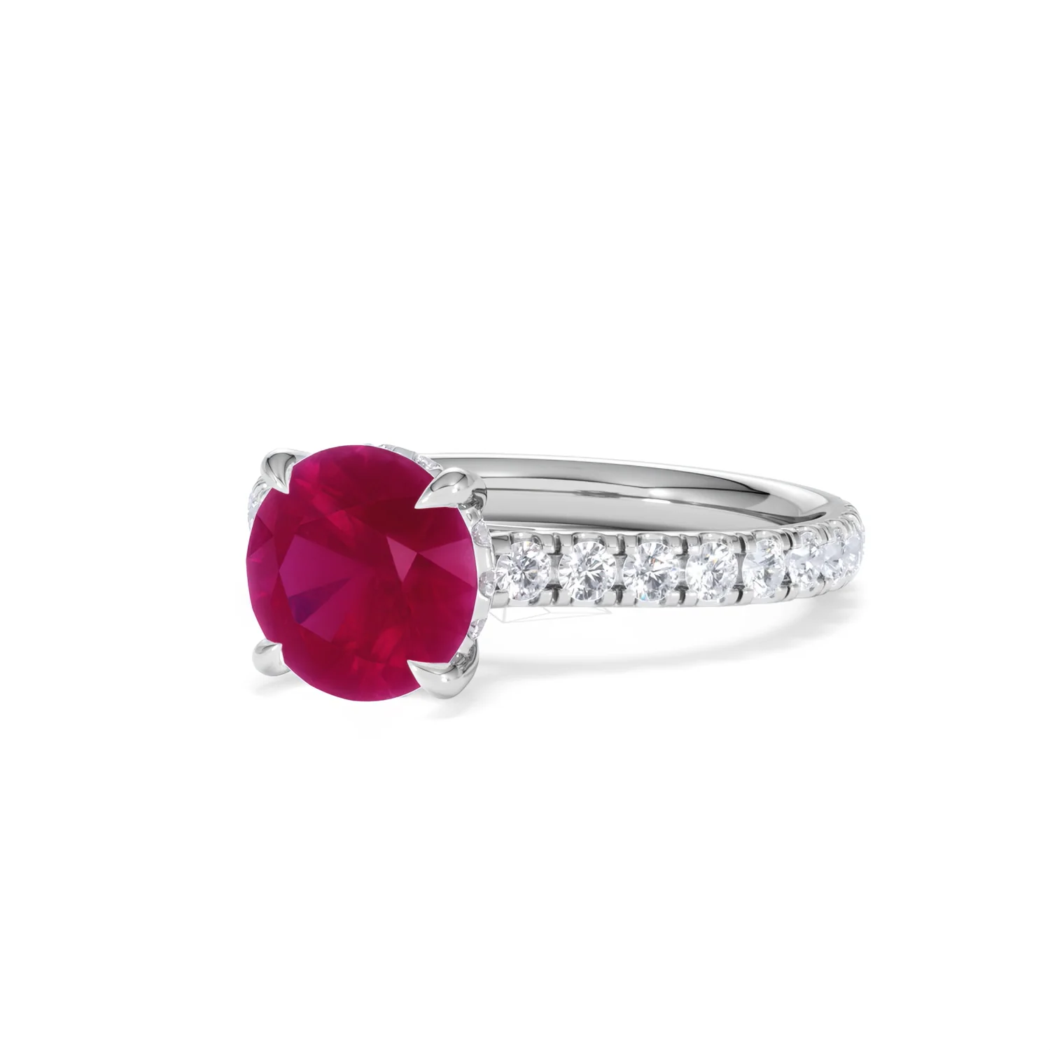 Amora Gem 2.00ct Round Cut Lab Ruby Hidden Halo Engagement Ring with Side Stones in 18K White Gold - Image 83