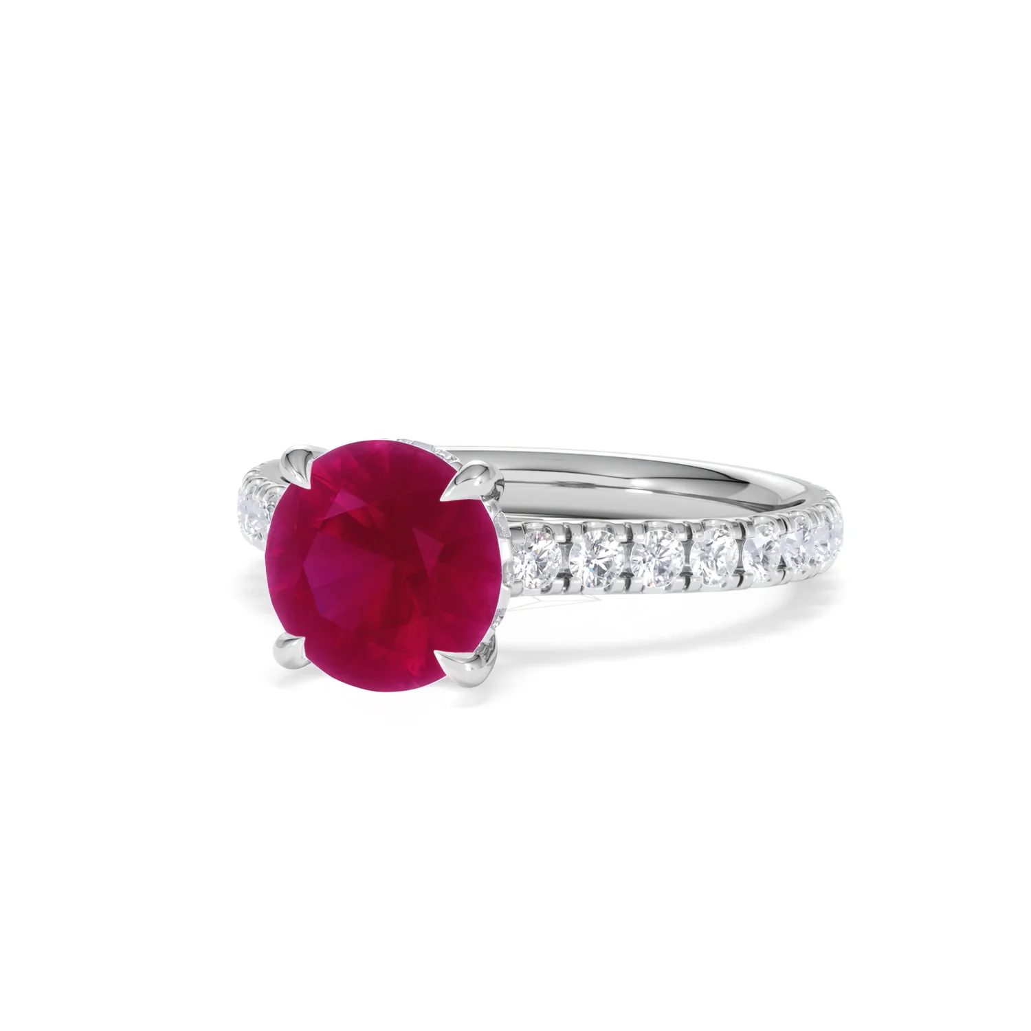 Amora Gem 2.00ct Round Cut Lab Ruby Hidden Halo Engagement Ring with Side Stones in 18K White Gold - Image 84