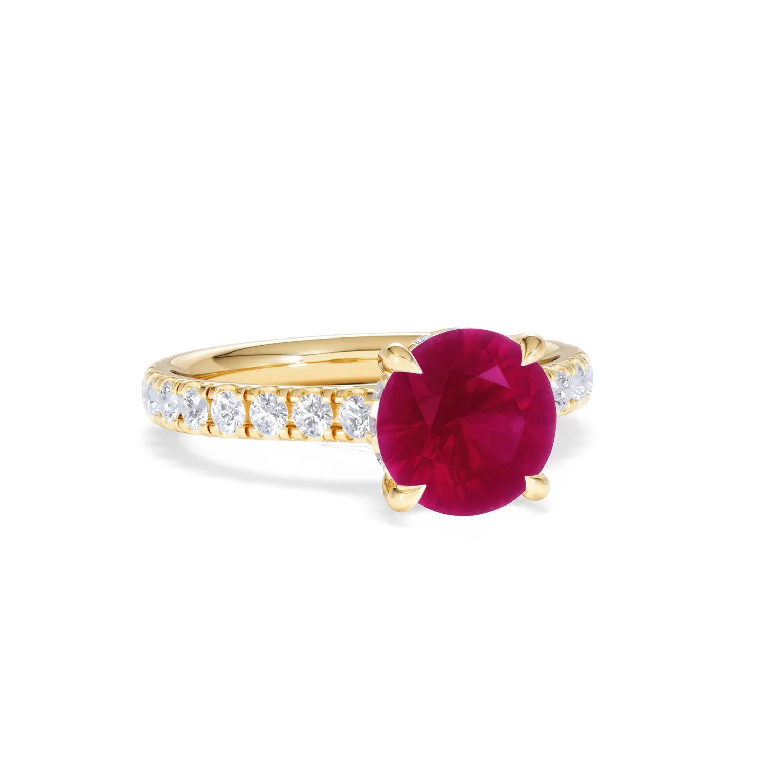 Amora Gem 2.00ct Round Cut Lab Ruby Hidden Halo Engagement Ring with Side Stones in 18K Yellow Gold - Image 13