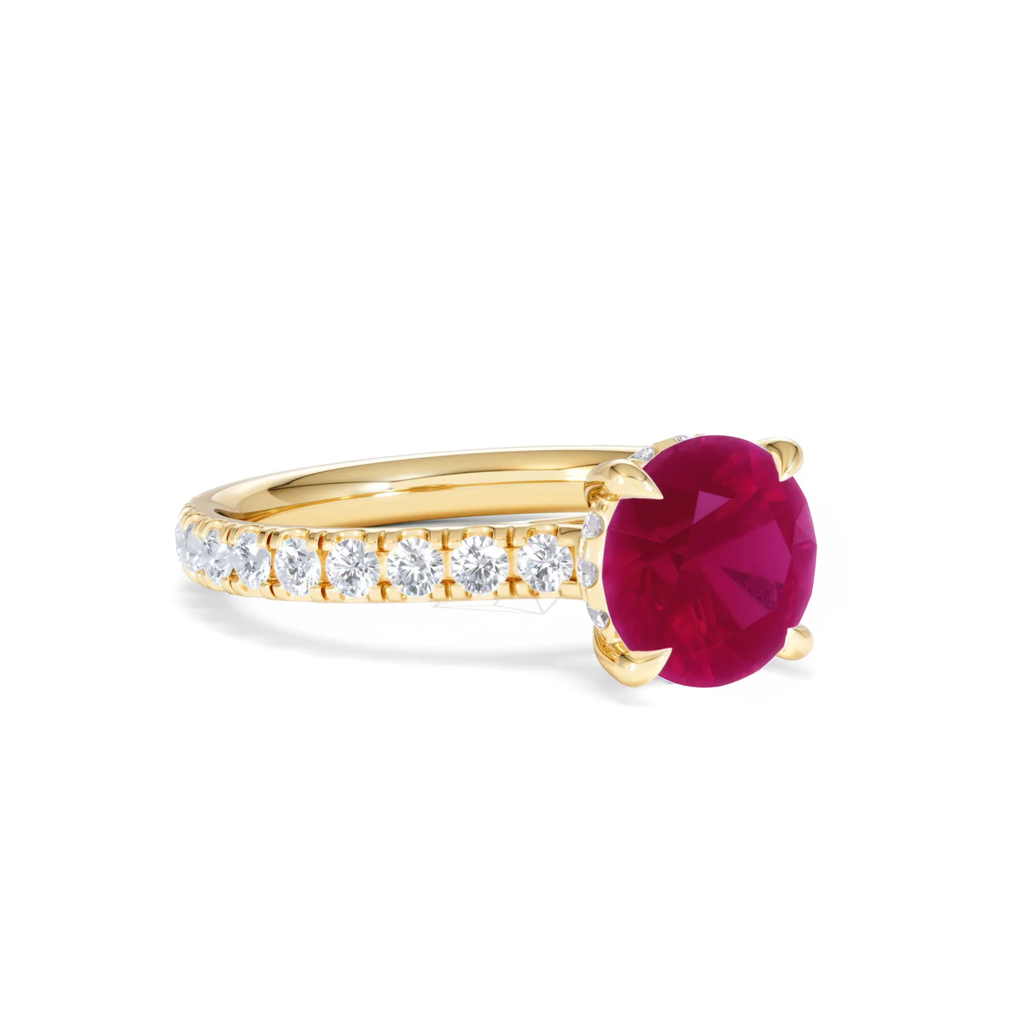 Amora Gem 2.00ct Round Cut Lab Ruby Hidden Halo Engagement Ring with Side Stones in 18K Yellow Gold - Image 16