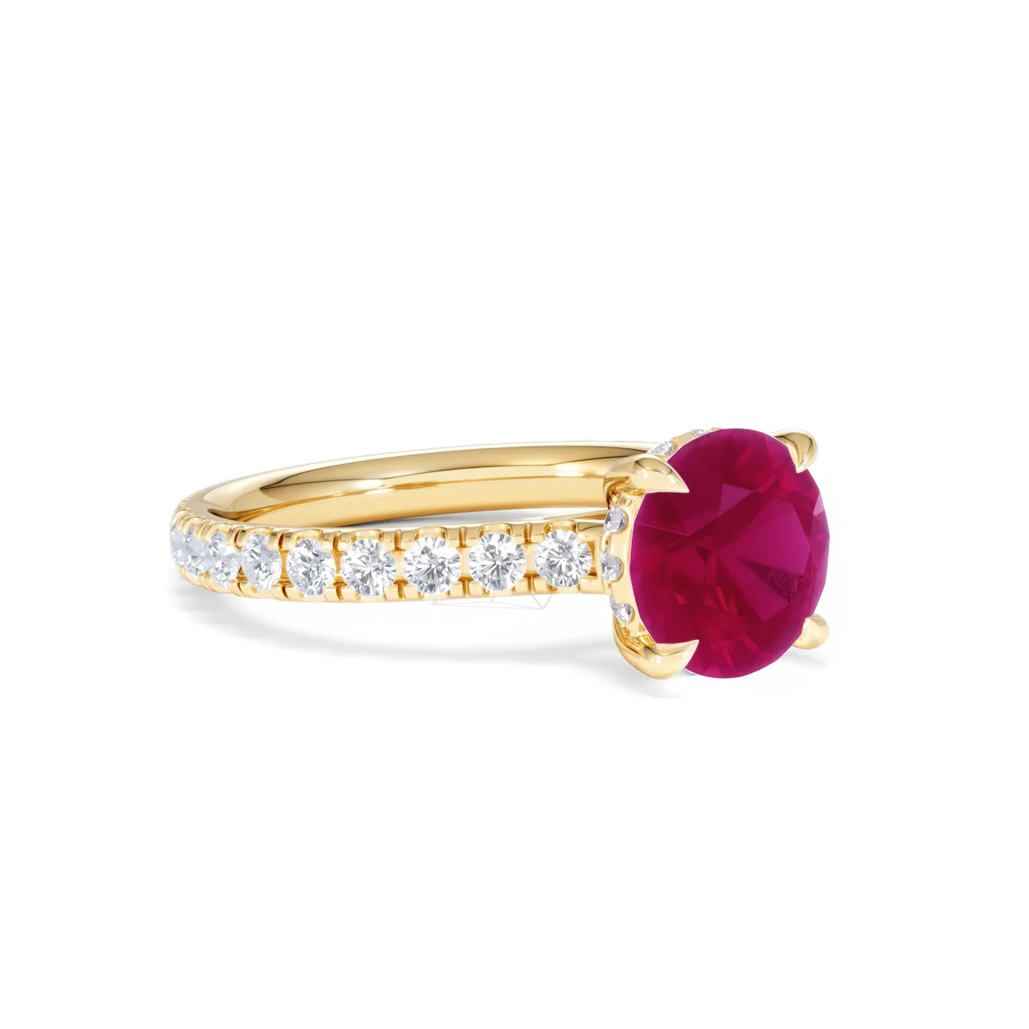 Amora Gem 2.00ct Round Cut Lab Ruby Hidden Halo Engagement Ring with Side Stones in 18K Yellow Gold - Image 17