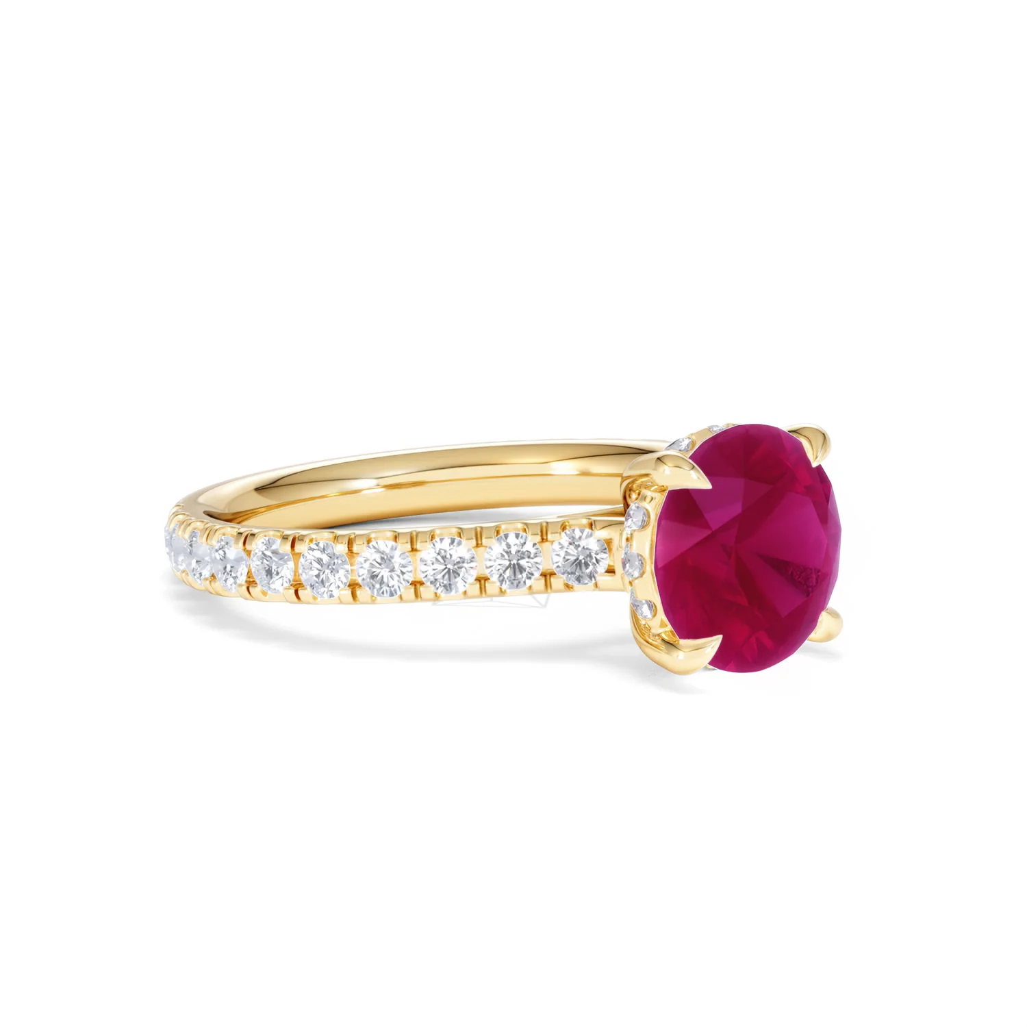 Amora Gem 2.00ct Round Cut Lab Ruby Hidden Halo Engagement Ring with Side Stones in 18K Yellow Gold - Image 18