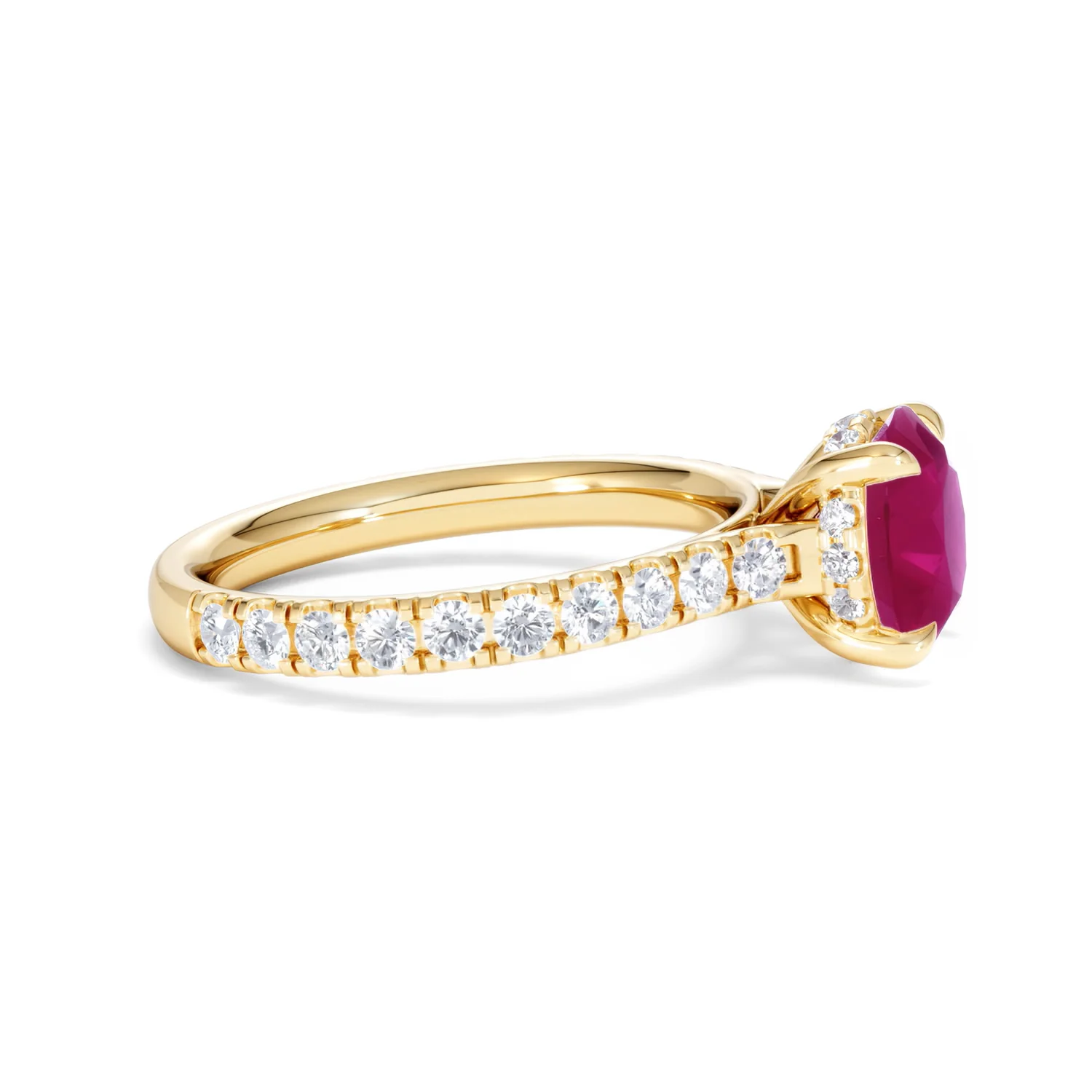 Amora Gem 2.00ct Round Cut Lab Ruby Hidden Halo Engagement Ring with Side Stones in 18K Yellow Gold - Image 26
