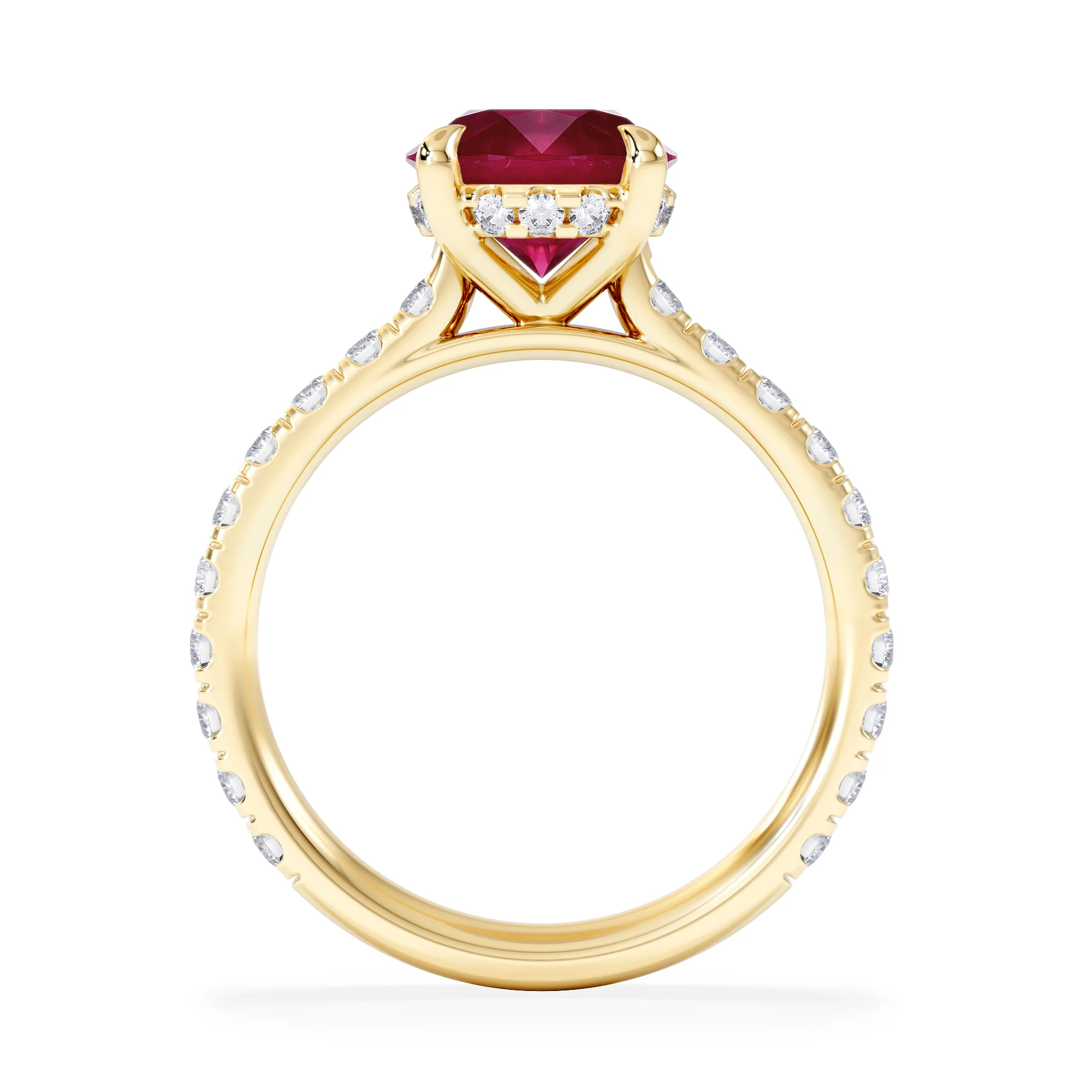 Amora Gem 2.00ct Round Cut Lab Ruby Hidden Halo Engagement Ring with Side Stones in 18K Yellow Gold - Image 3