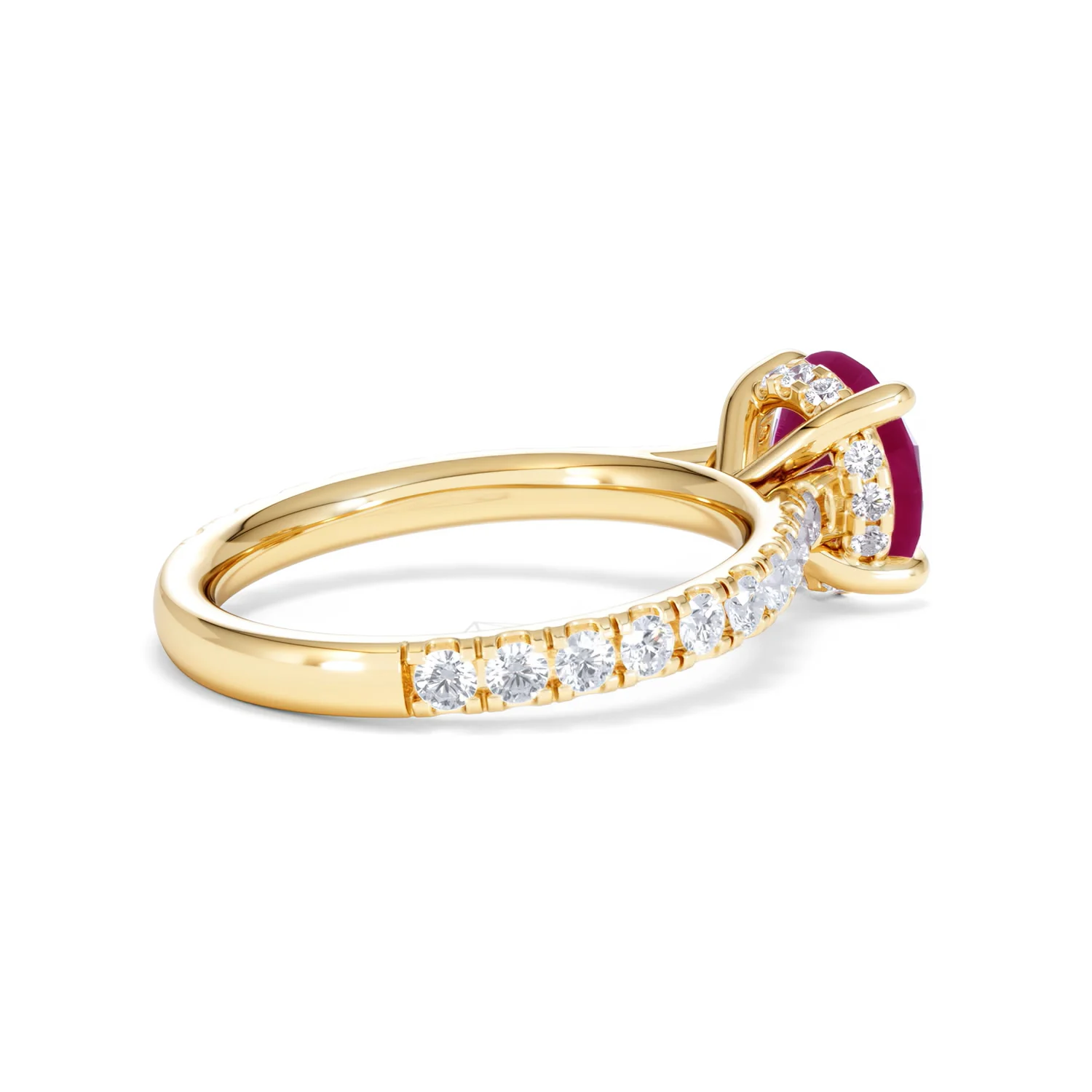 Amora Gem 2.00ct Round Cut Lab Ruby Hidden Halo Engagement Ring with Side Stones in 18K Yellow Gold - Image 36